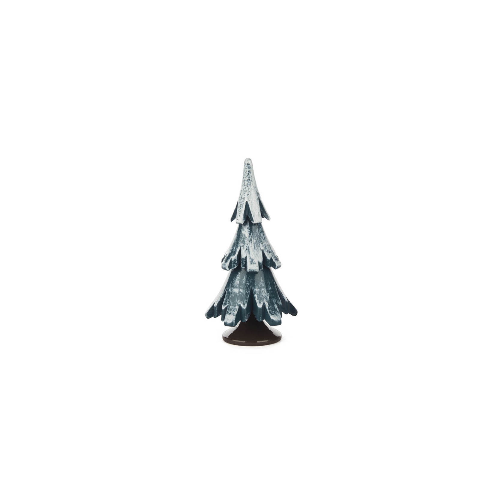Ein stilisierter Tannenbaum aus grünem Massivholz mit weißer Bemalung, etwa 6,5 cm hoch. im Dregeno Online Shop günstig kaufen