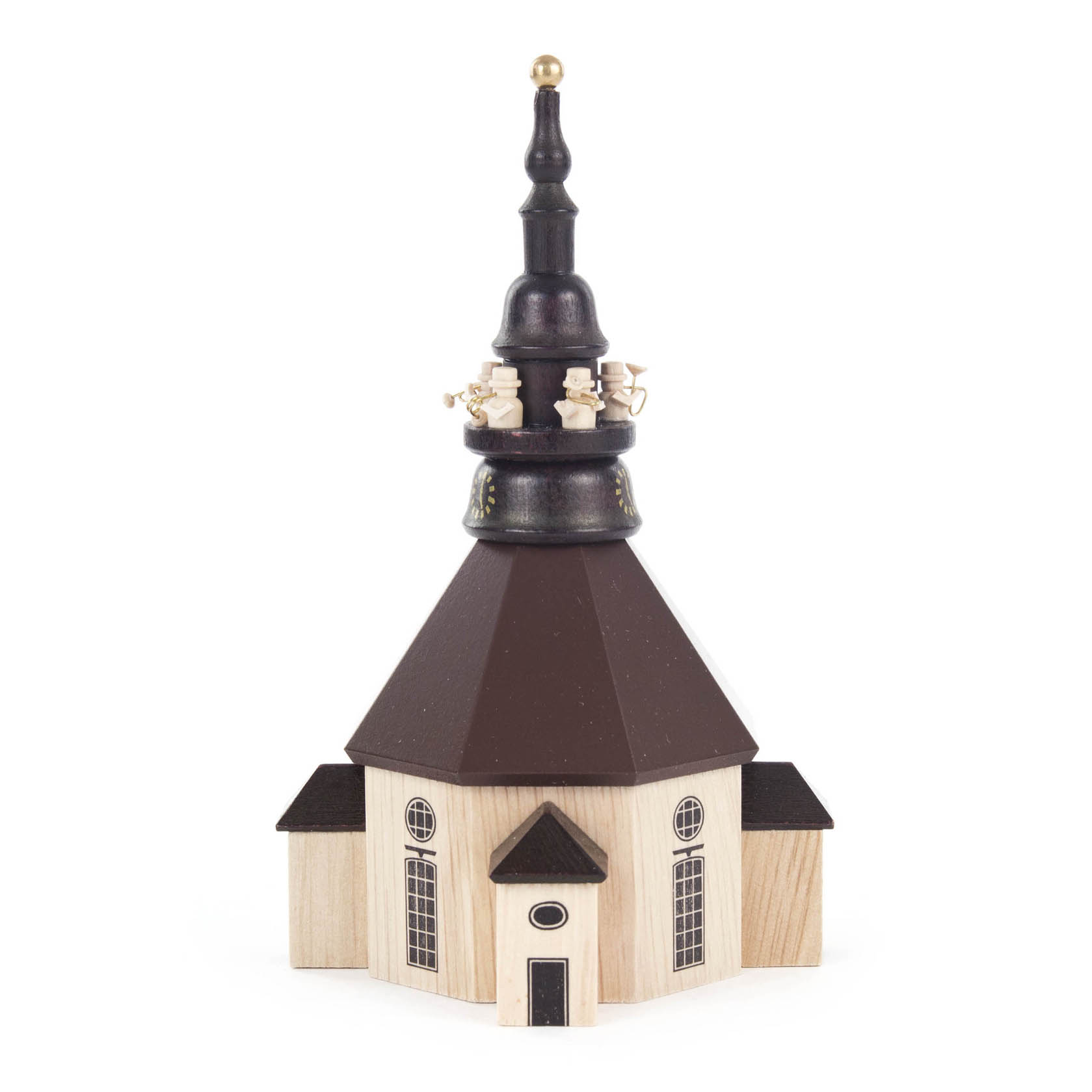 Holzmodell der Seiffener Kirche mit drei Turmbläsern auf dem Kirchturm, die Trompeten spielen. Die Kirche hat einen achteckigen Grundriss. im Dregeno Online Shop günstig kaufen