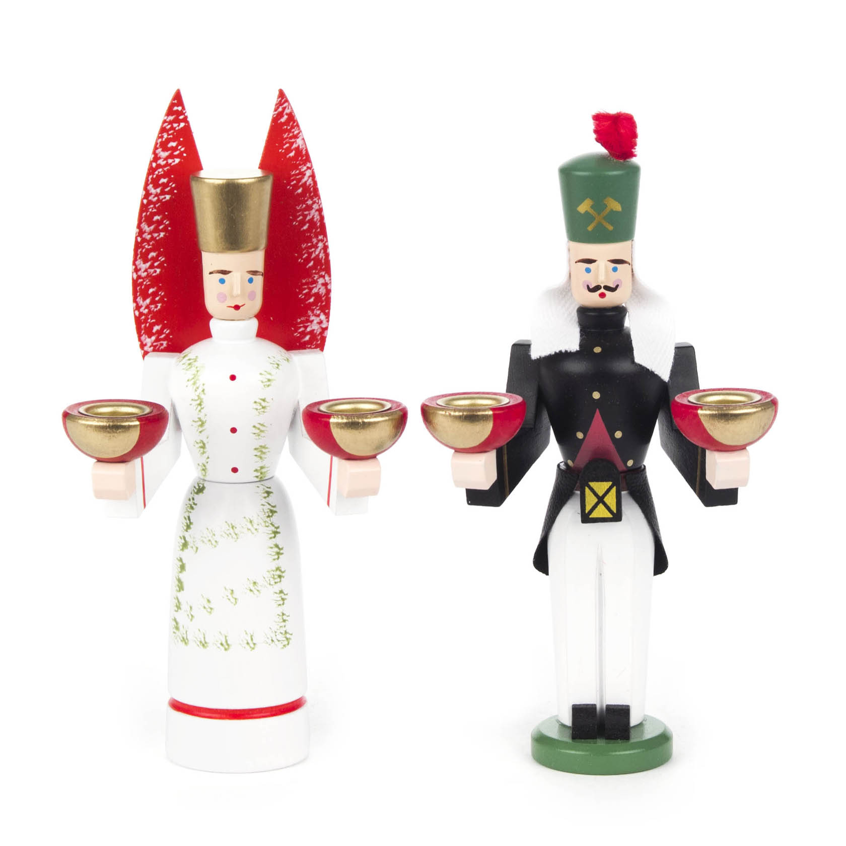 Traditional wooden figures of an angel and a miner, both holding candle holders for 10mm candles. The angel has red dotted wings, and both have gold accents. im Dregeno Online Shop günstig kaufen