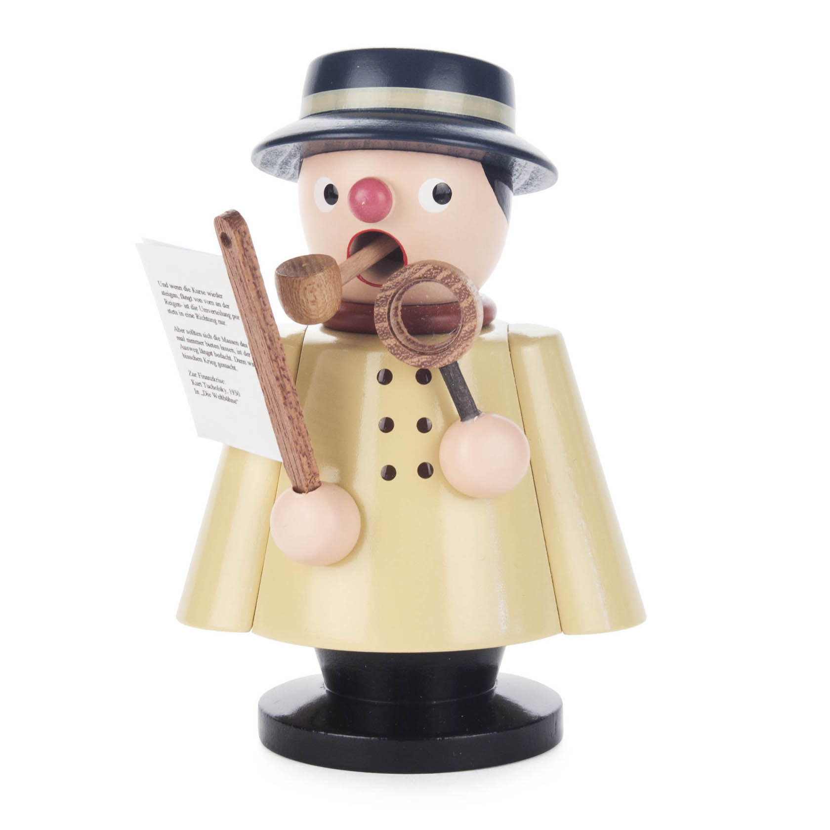 A traditional wooden smoking figure, known as Räuchermann, dressed in a beige coat and black hat, holding a newspaper and a pipe. im Dregeno Online Shop günstig kaufen