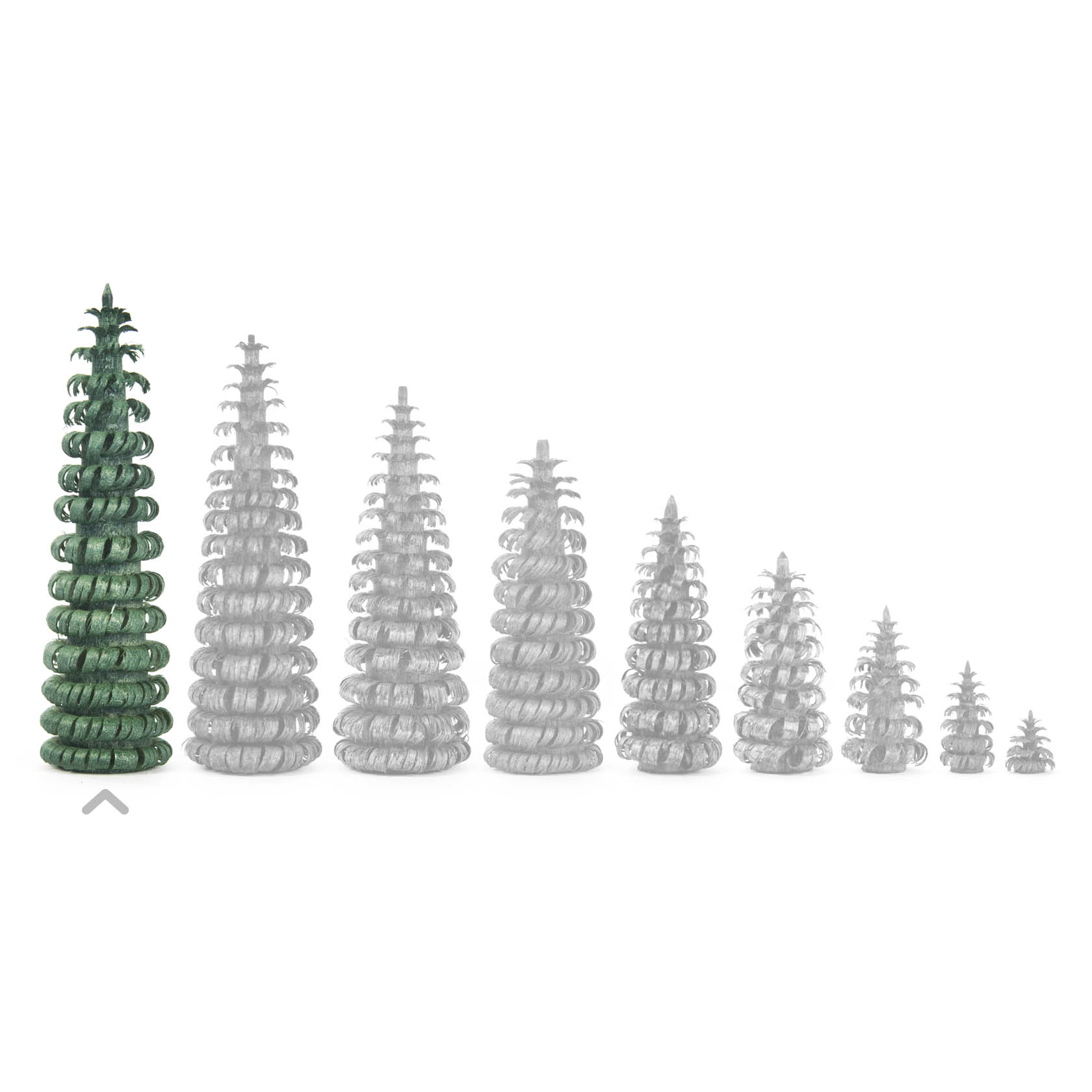 A 9cm tall green spiral-shaped ring tree among progressively smaller and color-faded versions of itself.