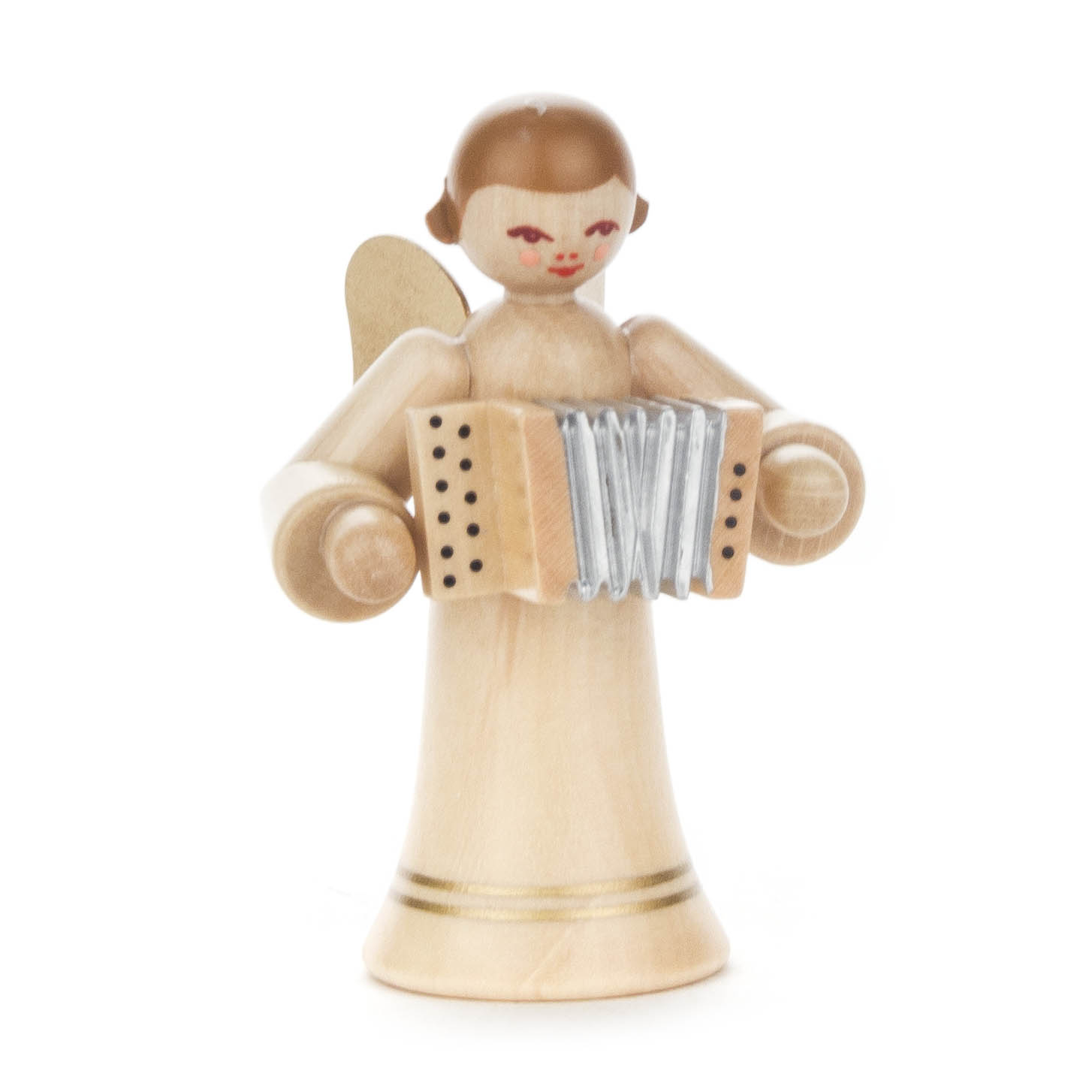 Holzengel mit Flügeln, hält eine Harmonika in den Händen. Der Engel hat ein lächelndes Gesicht, einen langen Rock und ist in Naturtönen gehalten. im Dregeno Online Shop günstig kaufen