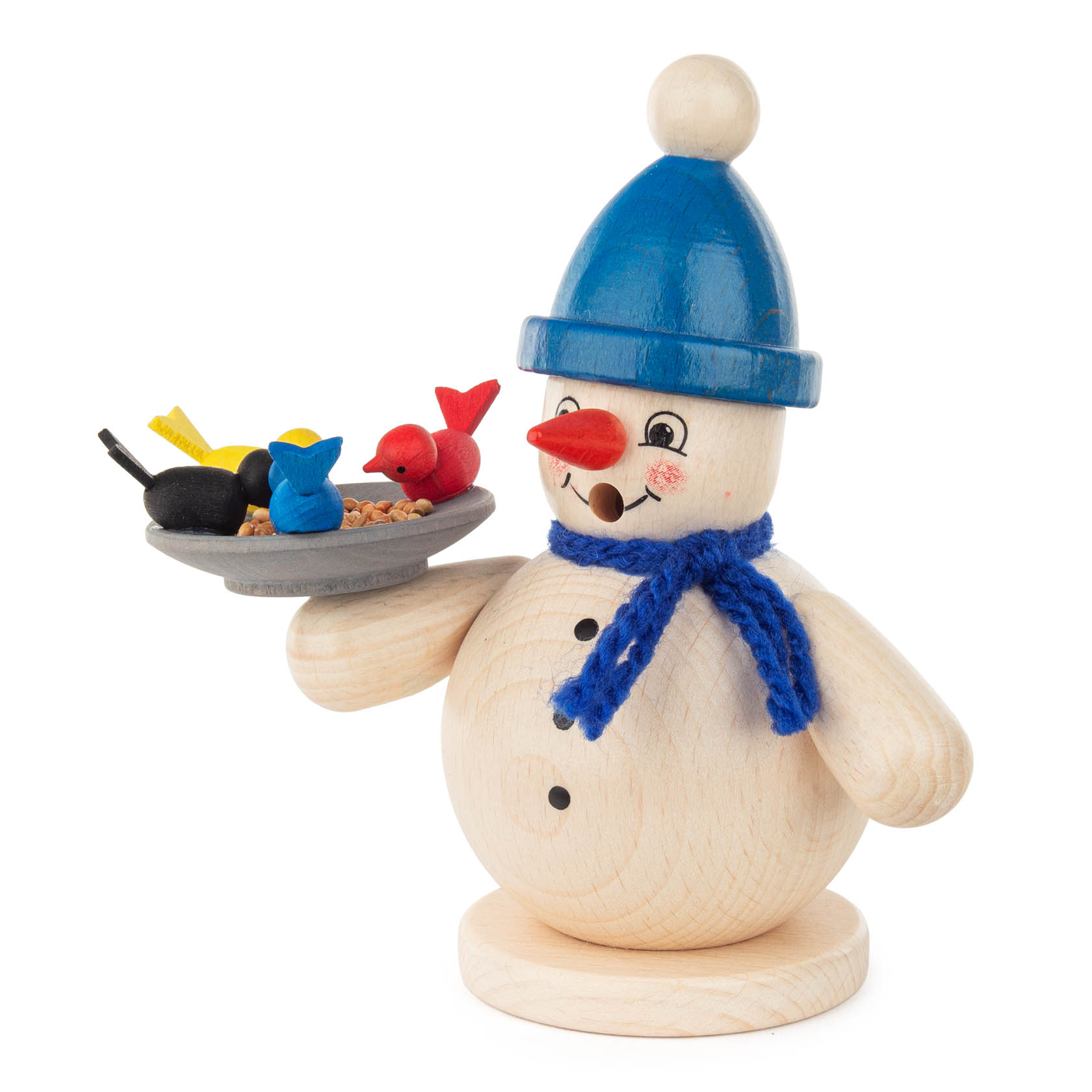 Räuchermann Schneemann mit Vögeln blaue Pudelmütze