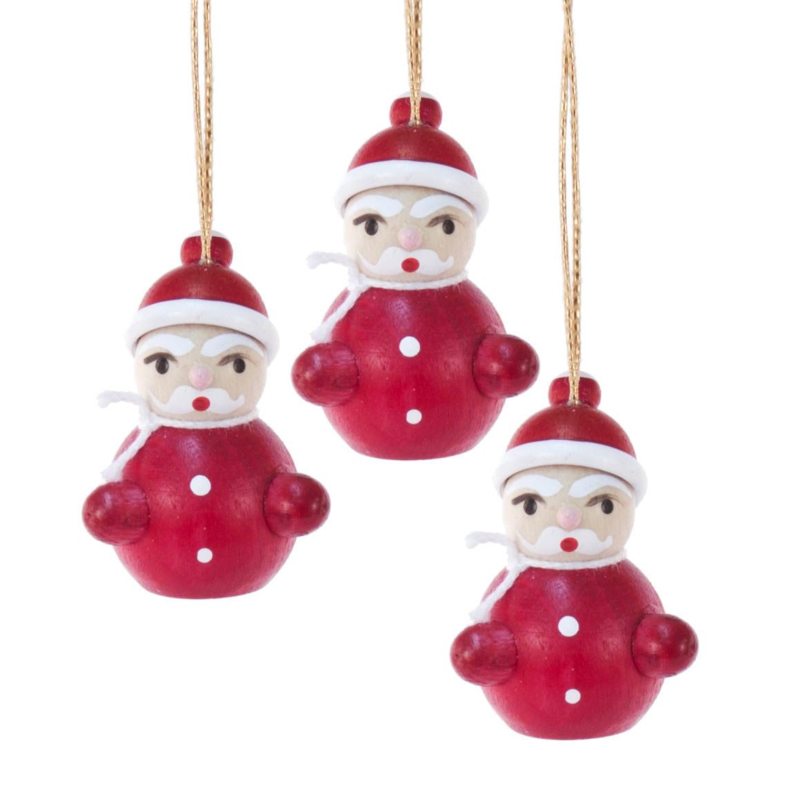 Drei Holzfiguren, die als Weihnachtsmänner gestaltet sind, in Rot und Weiß bemalt und mit goldenen Fäden zum Aufhängen versehen. im Dregeno Online Shop günstig kaufen