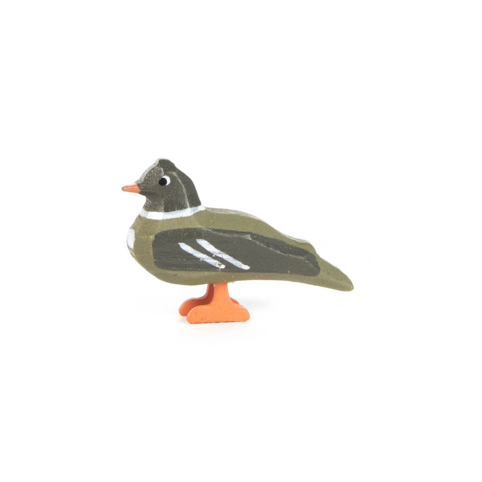 Holzspielzeug-Ente mit grünem Körper, schwarzen Kopf und orangefarbenen Füßen, von der Seite betrachtet. im Dregeno Online Shop günstig kaufen