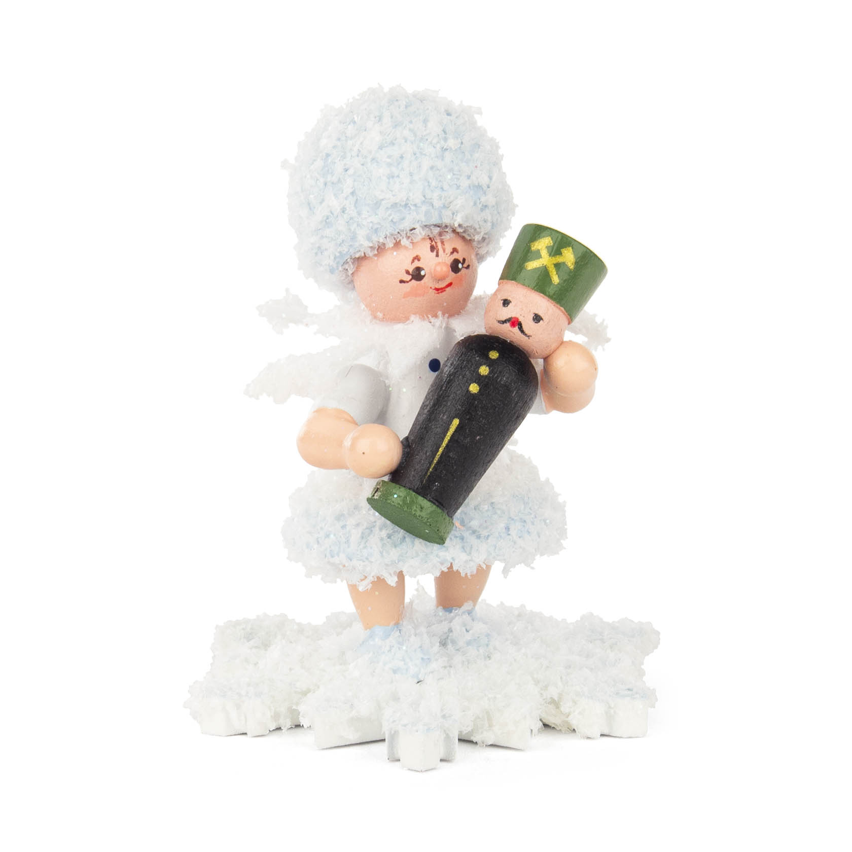 Eine Figur eines Kindes, gekleidet als Schneeflöckchen mit blauen Flusen, hält eine kleine Bergmannfigur in der Hand, steht auf einer Schneeflocke. im Dregeno Online Shop günstig kaufen