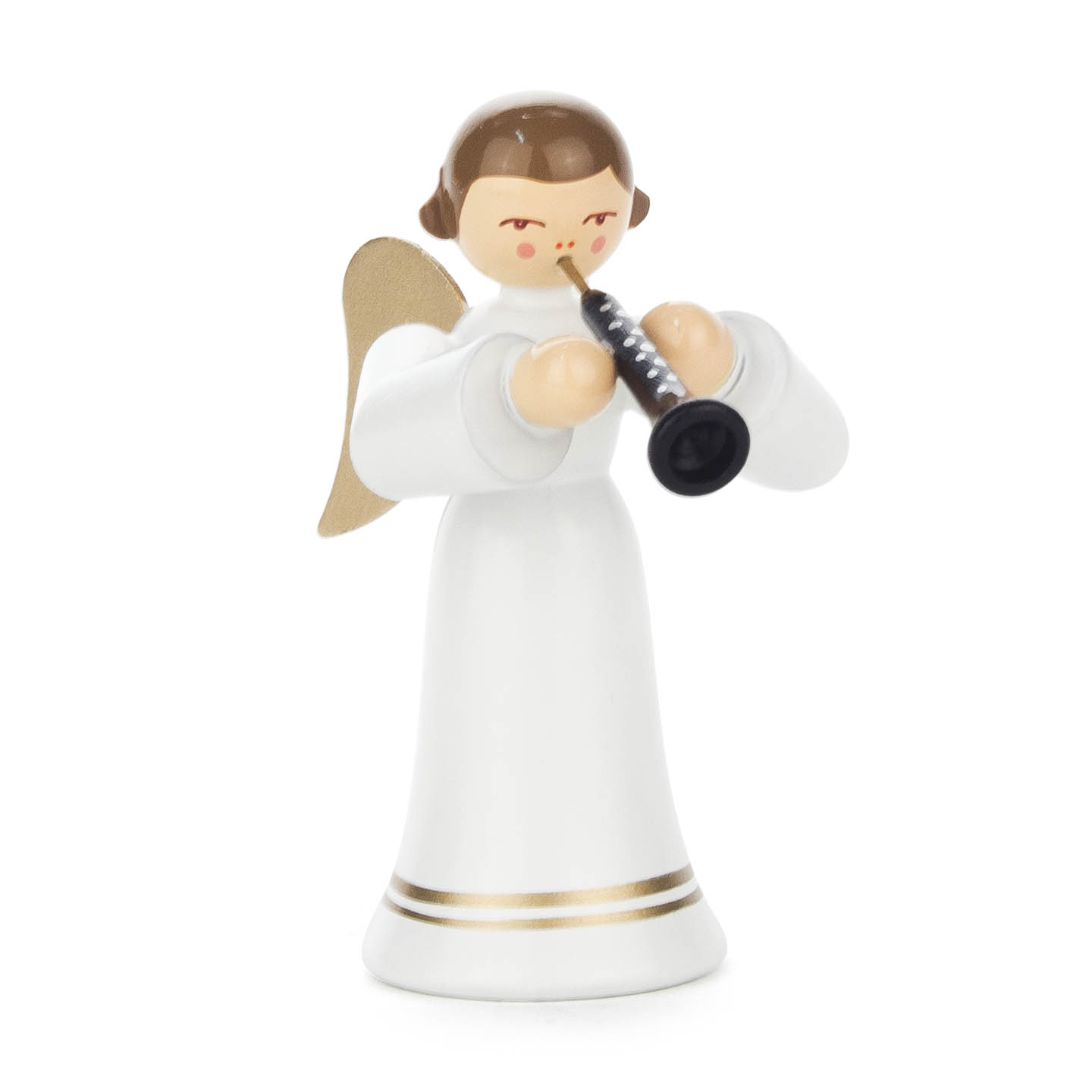 Eine Engel-Figur mit braunen Haaren spielt eine Oboe. Sie trägt einen langen, weißen Rock mit goldenen Details und hat goldene Flügel. im Dregeno Online Shop günstig kaufen
