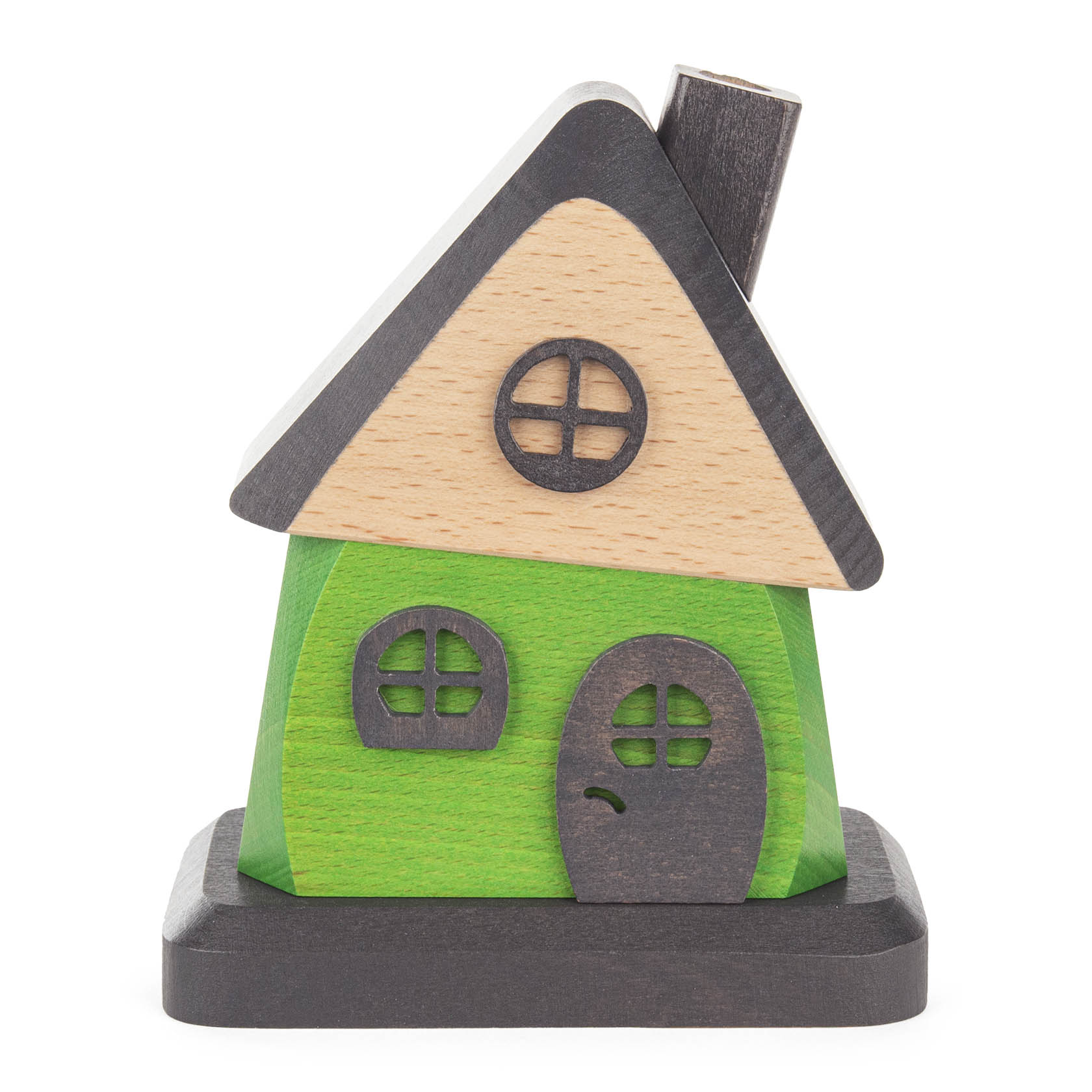 Ein großes Räucherhaus in Grün und Grau mit schwarz angehauchten Holzakzenten, zwei runden Fenstern und einer Tür. im Dregeno Online Shop günstig kaufen