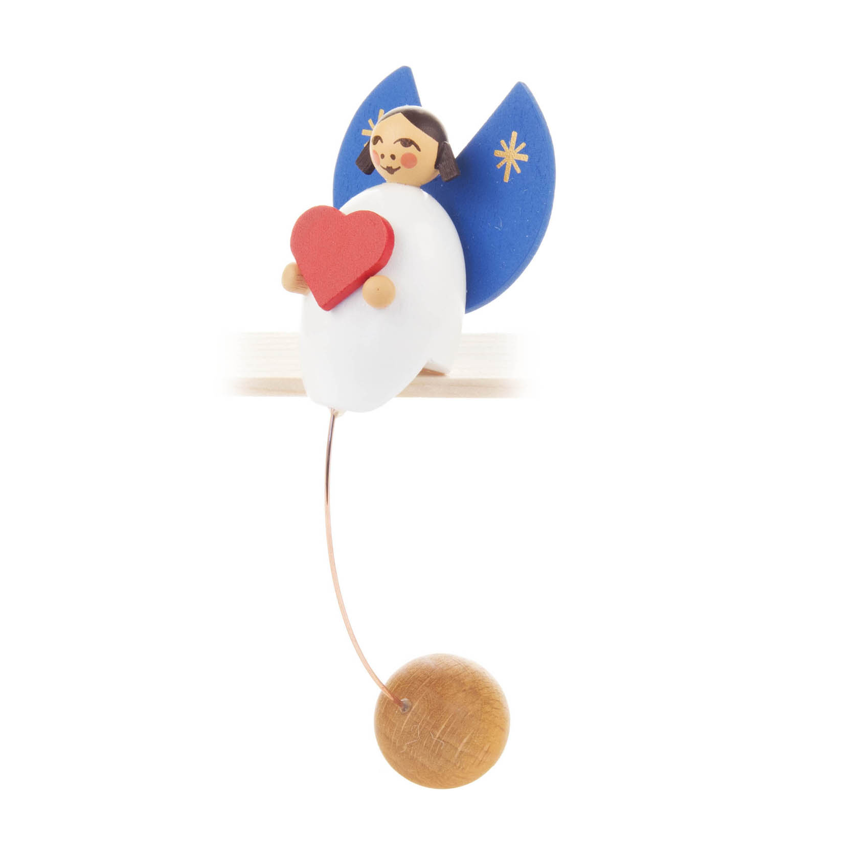 Holzengel mit blauem Flügel, Sternmotiv, rotem Herz in den Händen, sitzt auf Schaukel mit Holzkugel unten. im Dregeno Online Shop günstig kaufen