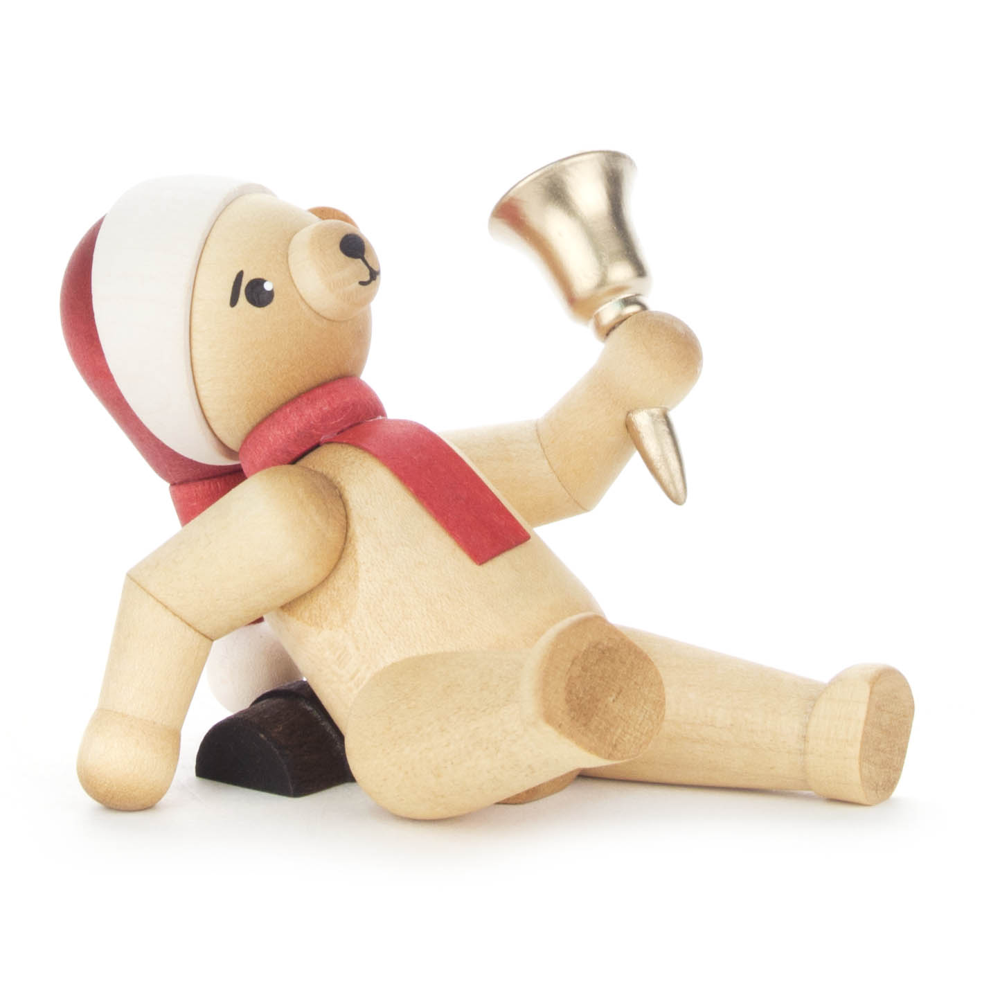 Holzbär in Weihnachtskleidung mit rotem Schal und Mütze, hält eine goldene Glocke in der Hand, und liegt lächelnd auf der Seite. im Dregeno Online Shop günstig kaufen