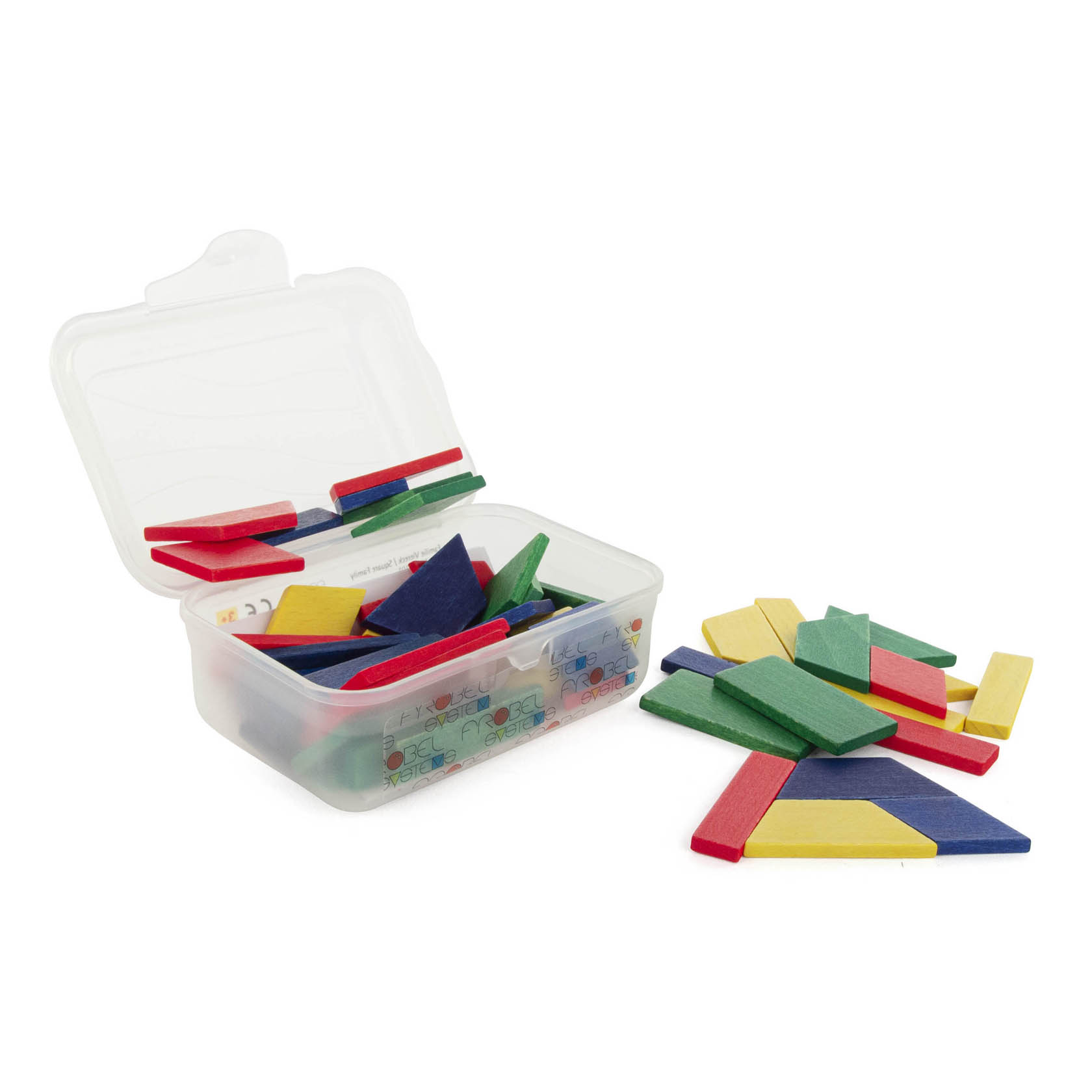 Ein Legespiel bestehend aus verschiedenfarbigen Holzplättchen in rot, grün, blau und gelb. Die Plättchen befinden sich teils in einer offenen Plastikbox. im Dregeno Online Shop günstig kaufen