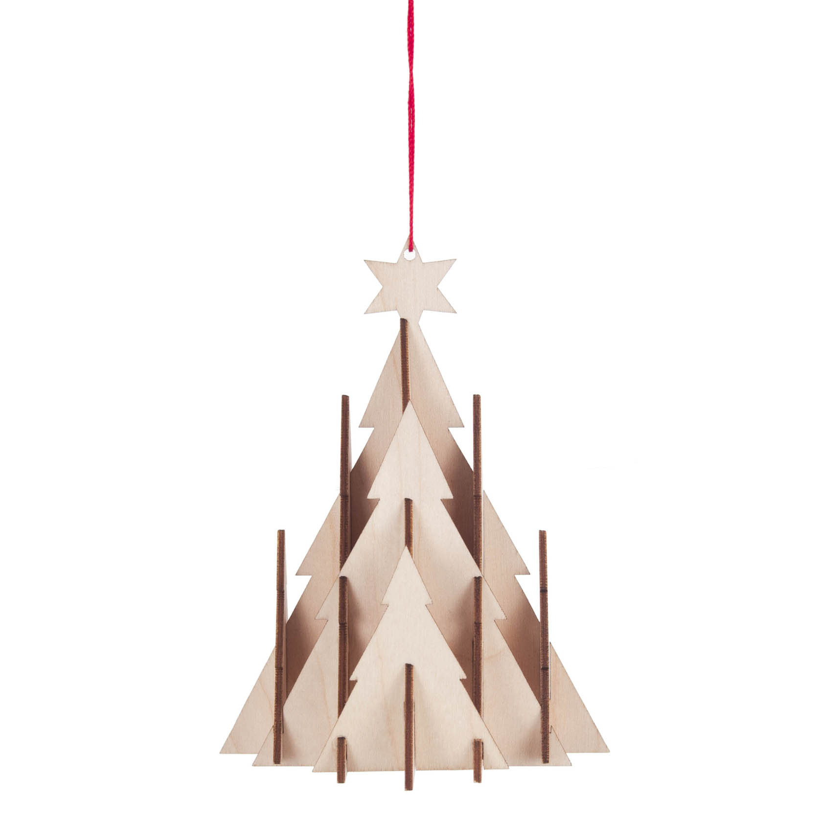 A wooden hanging ornament shaped like a Christmas tree with interlocking pieces and a star on top, suspended by a red string.