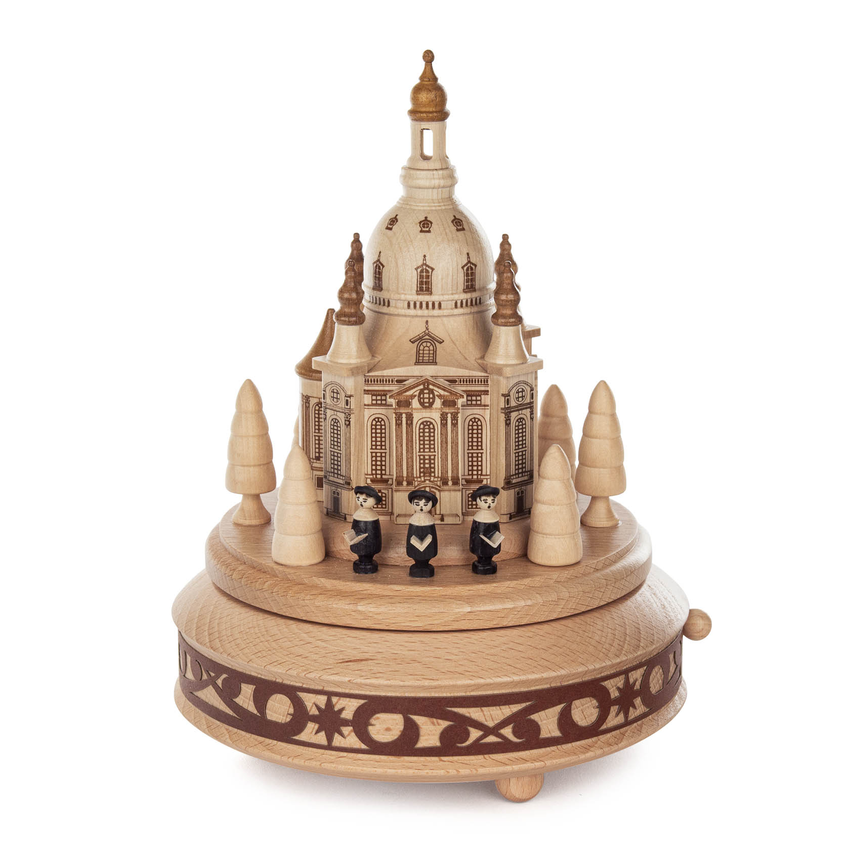Hölzerne Spieldose mit der Darstellung der Dresdner Frauenkirche und singenden Figuren. Drehknopf rechts, verziert mit geschnitztem Muster. im Dregeno Online Shop günstig kaufen