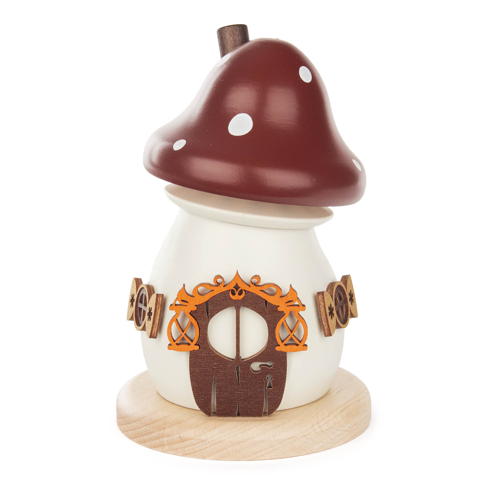 Räucherfigur in Form eines Pilzes mit rotem Dach und weißen Punkten, dekorativ bemalter Tür und Fenstern. im Dregeno Online Shop günstig kaufen