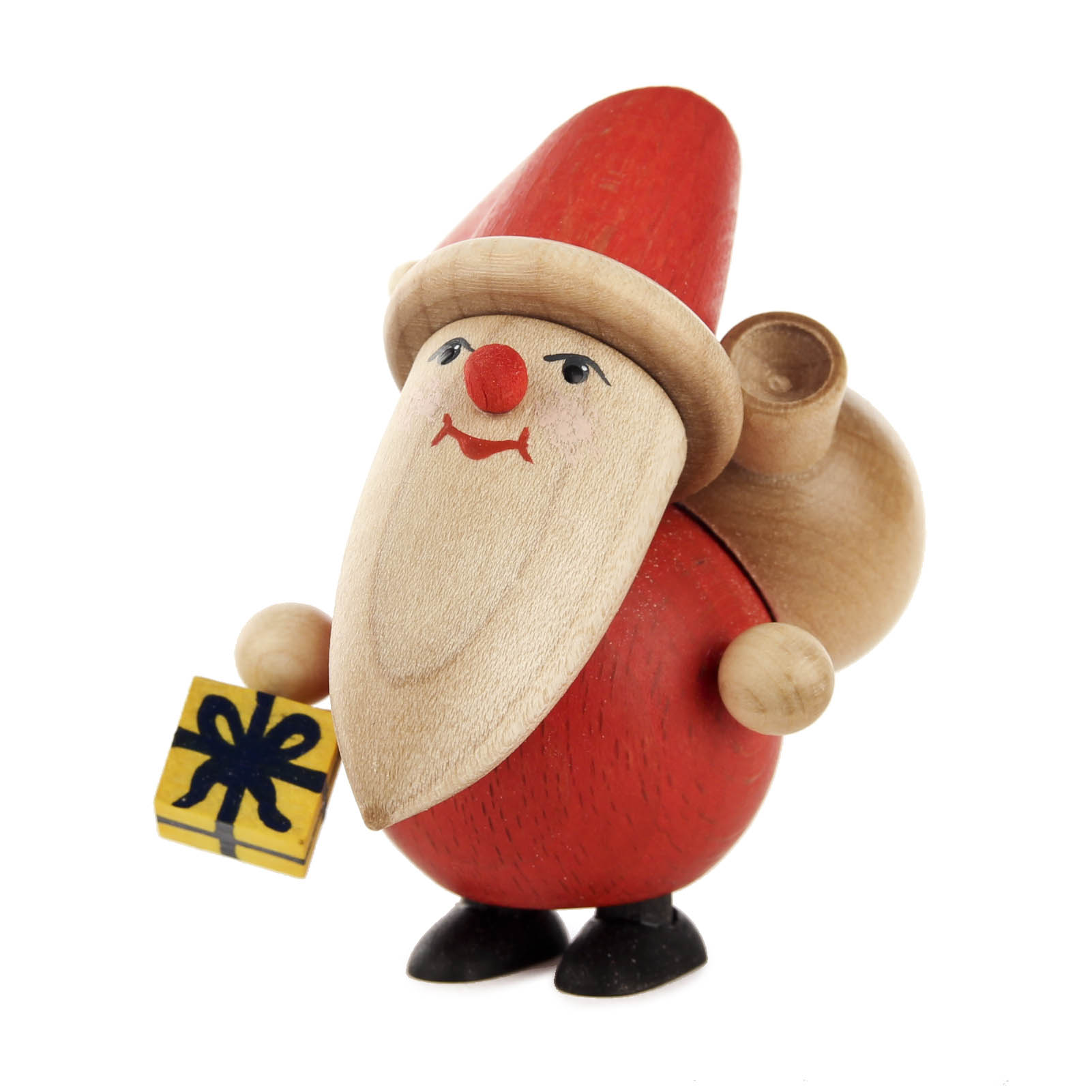 Holzfigur eines lächelnden Weihnachtsmanns mit rotem Mantel, der ein kleines gelbes Geschenk mit blauer Schleife in der Hand hält. im Dregeno Online Shop günstig kaufen