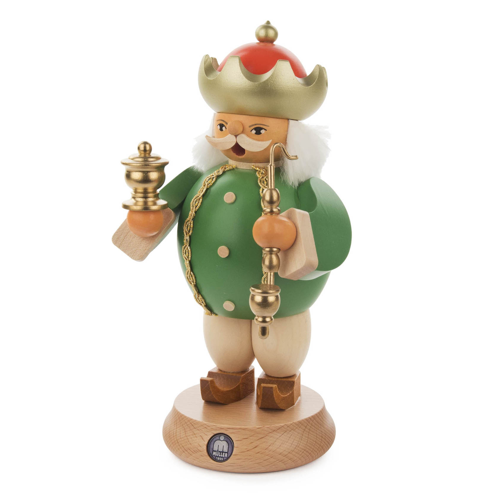 Holzräuchermann Caspar mit grünem Mantel, trägt eine goldene Krone und hält einen Weihrauchbehälter und ein Weihrauchgefäß in den Händen.