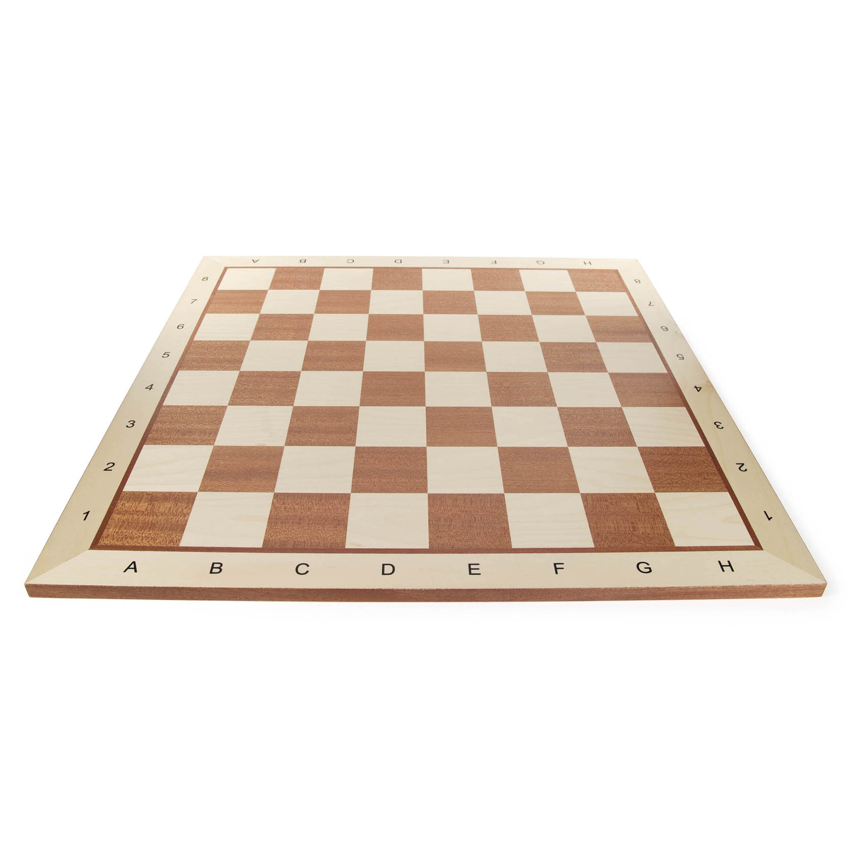 Ein leeres Schachbrett aus Holz mit braunen und beigen Feldern, beschriftet mit Zahlen und Buchstaben an den Rändern. im Dregeno Online Shop günstig kaufen
