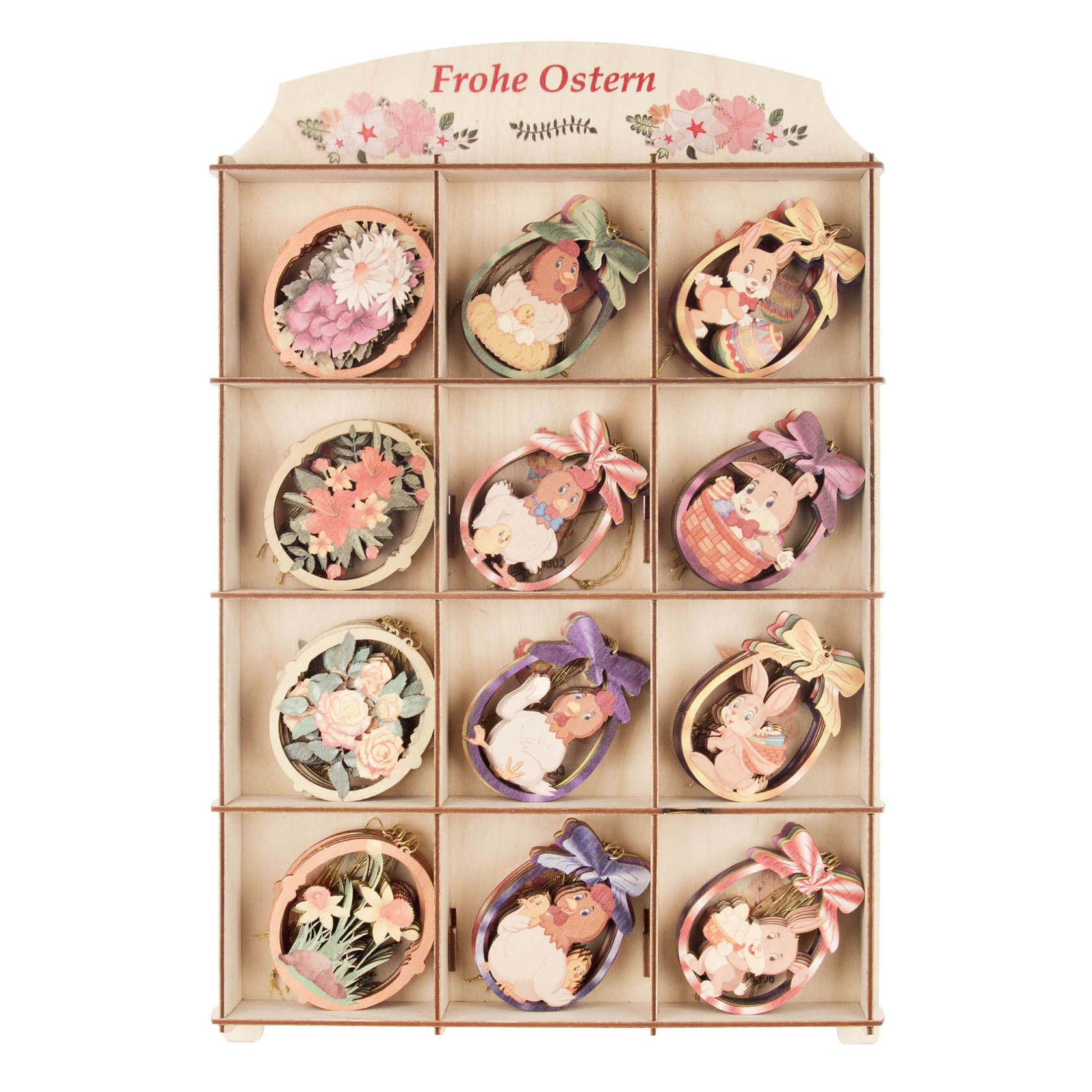 Verkaufsdisplay mit 12 Fächern, gefüllt mit Osterdeko: gemischte Blumendekorationen, Hennen und Hasen. Oben steht 'Frohe Ostern'. im Dregeno Online Shop günstig kaufen