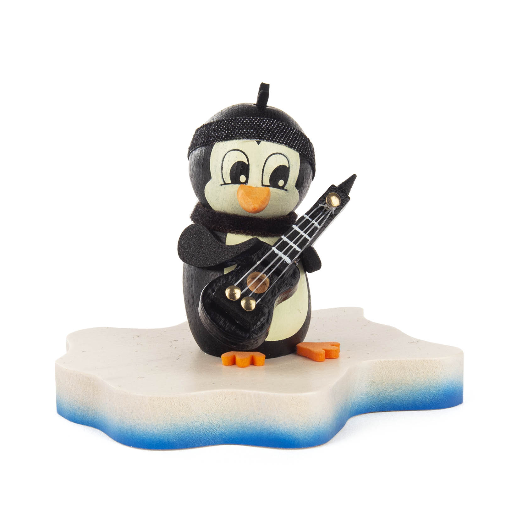Niedlicher Cartoon-Pinguin, der auf einer kleinen Eisscholle steht und eine schwarze E-Gitarre hält. im Dregeno Online Shop günstig kaufen