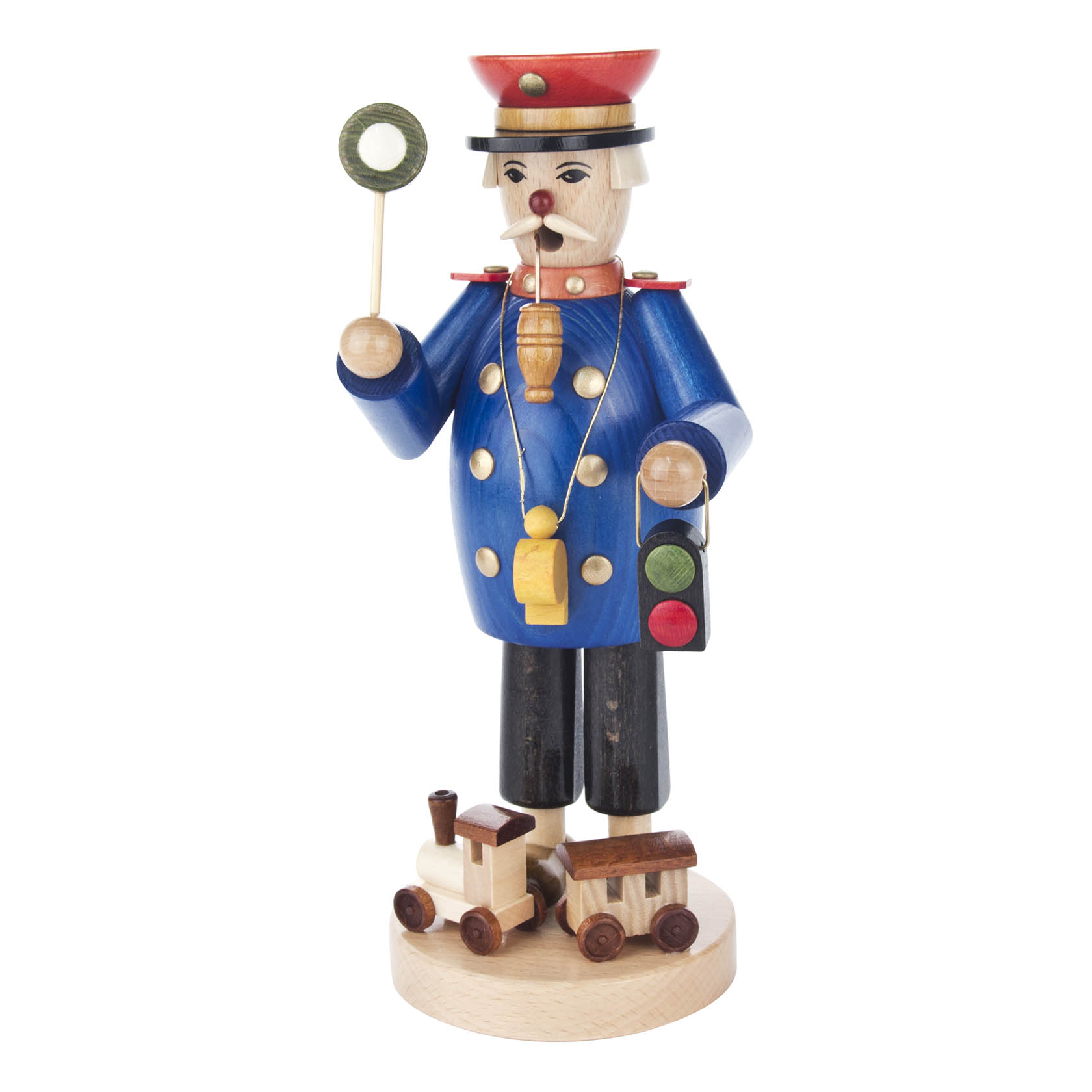 Holzfigur eines Eisenbahners in blauer Uniform mit rotem Hut, hält ein grünes Signal in der einen Hand und eine Laterne in der anderen. Auf dem Sockel steht ein kleines Holzspielzeugzug. im Dregeno Online Shop günstig kaufen