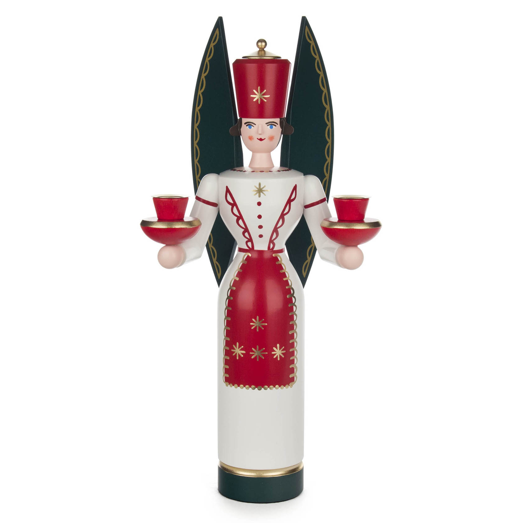 Bunte Engel-Figur, 36 cm hoch, hält zwei rote Kerzenhalter für 14 mm Kerzen. Der Engel trägt eine rote Tracht mit goldenen Verzierungen und hat grüne Flügel. im Dregeno Online Shop günstig kaufen