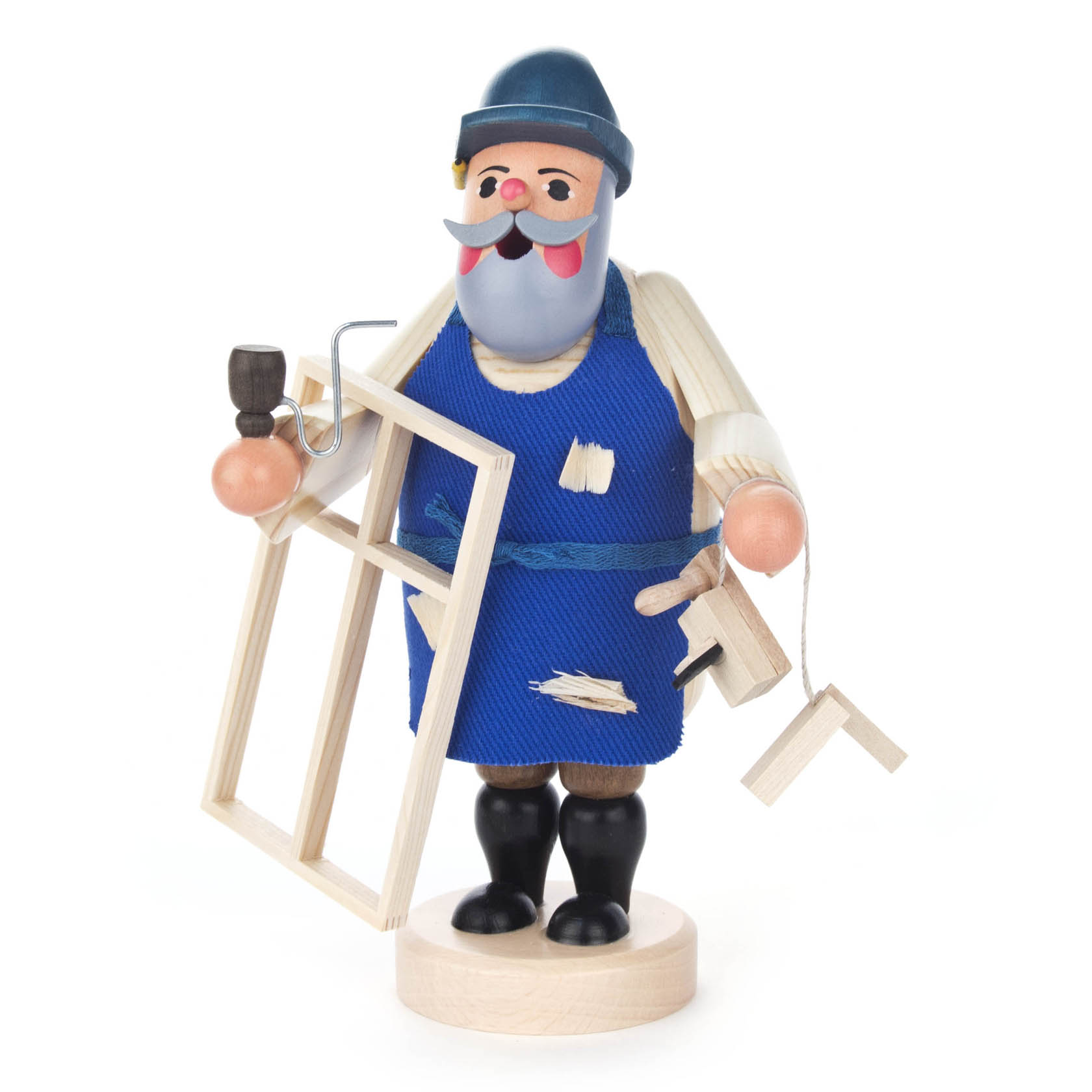 Holzfigur eines Tischlers als Räuchermann, mit blauer Schürze und Werkzeug in den Händen. im Dregeno Online Shop günstig kaufen