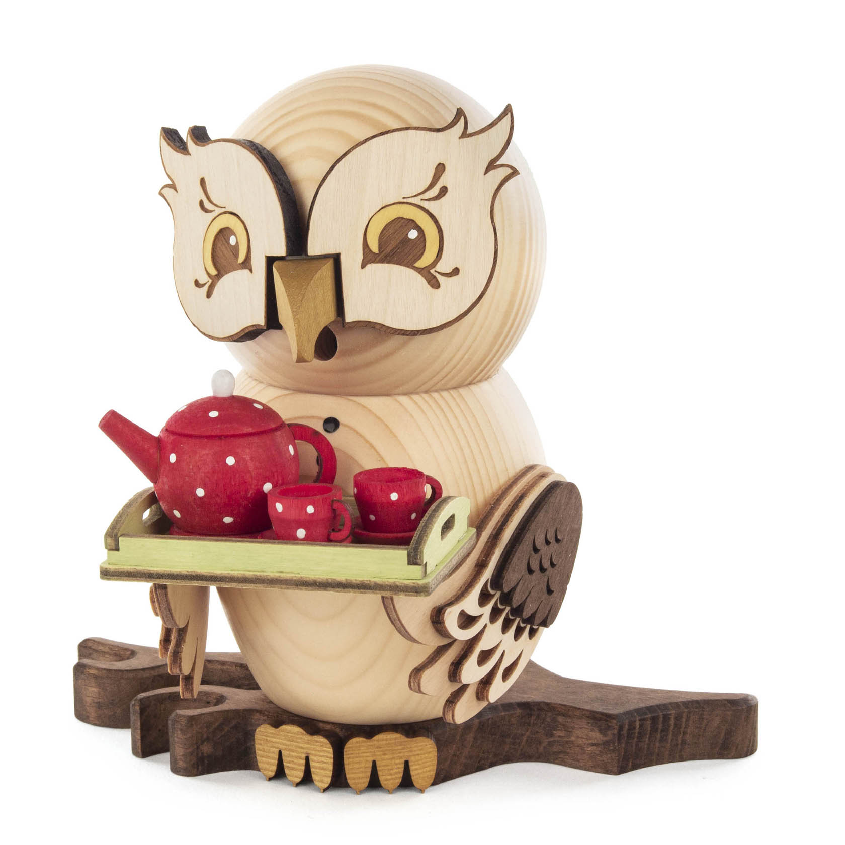 Holzfigur einer Eule mit geschnitzten Details, hält ein Tablett mit Teekanne und Tassen. Die Eule dient als Räucherfigur. im Dregeno Online Shop günstig kaufen