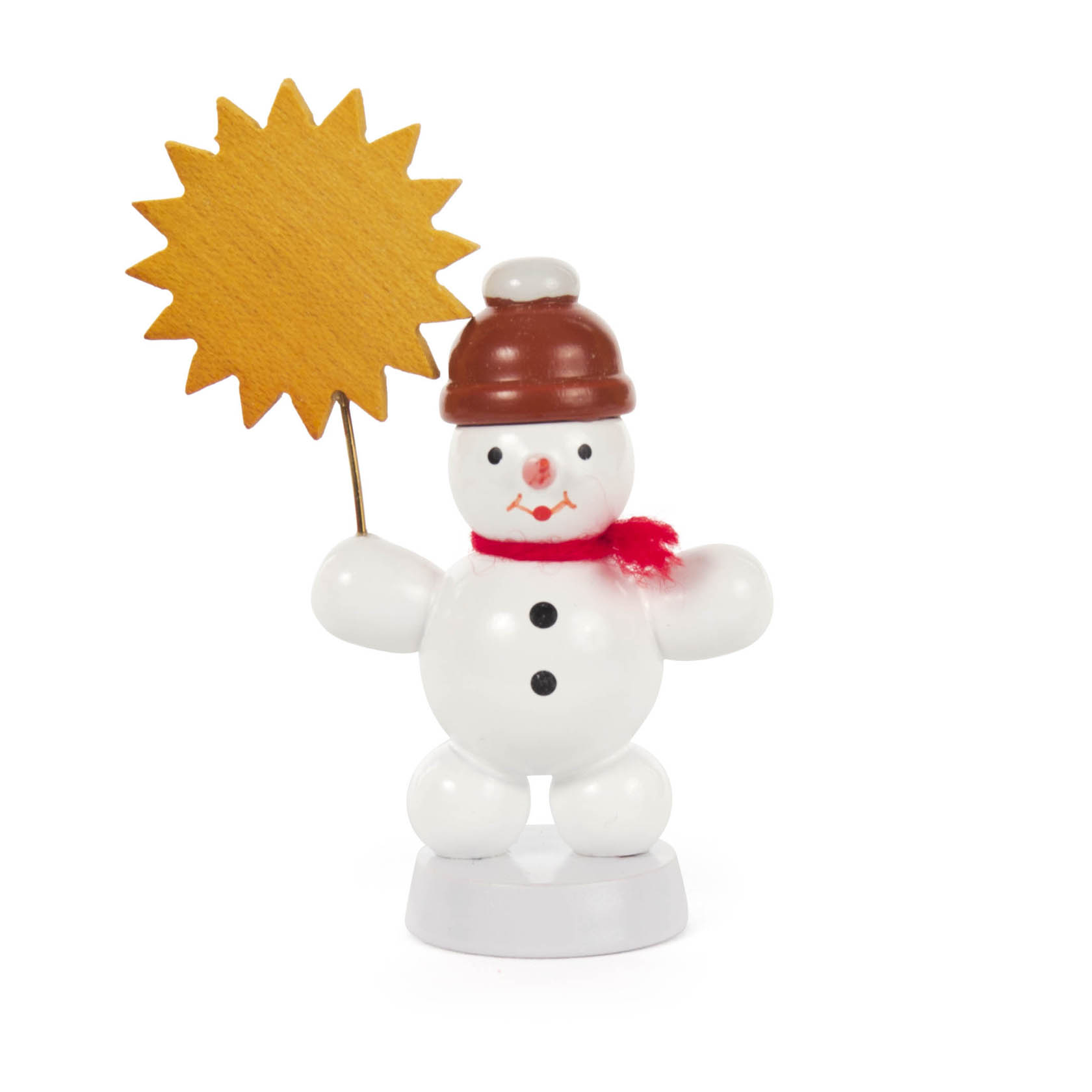 Ein lächelnder Schneemann mit rotem Schal und braunem Hut, der eine gelbe Sonne in der rechten Hand hält. im Dregeno Online Shop günstig kaufen