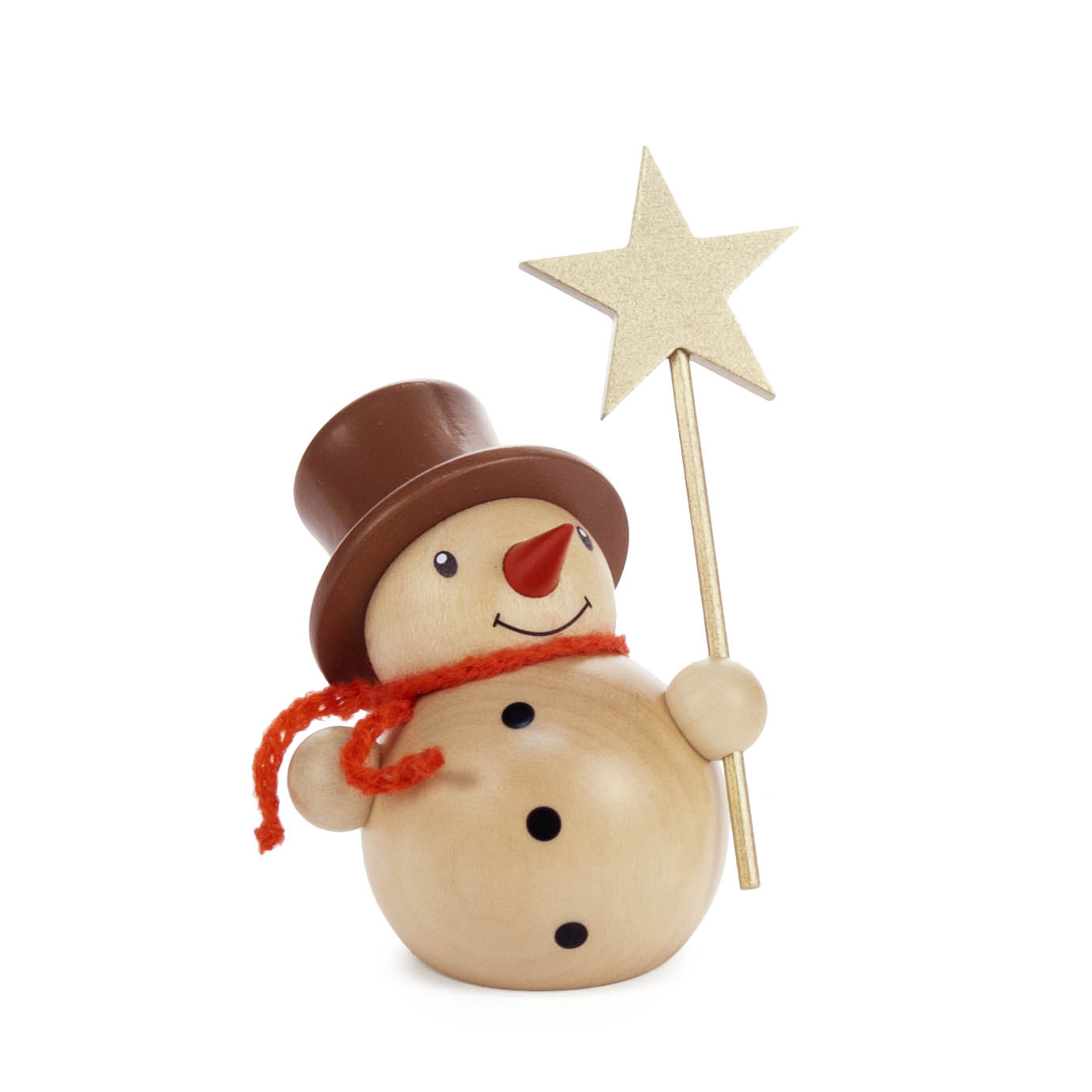 Holzschneemann mit roter Schleife, braunem Zylinder und einem goldenen Stern in der Hand. im Dregeno Online Shop günstig kaufen