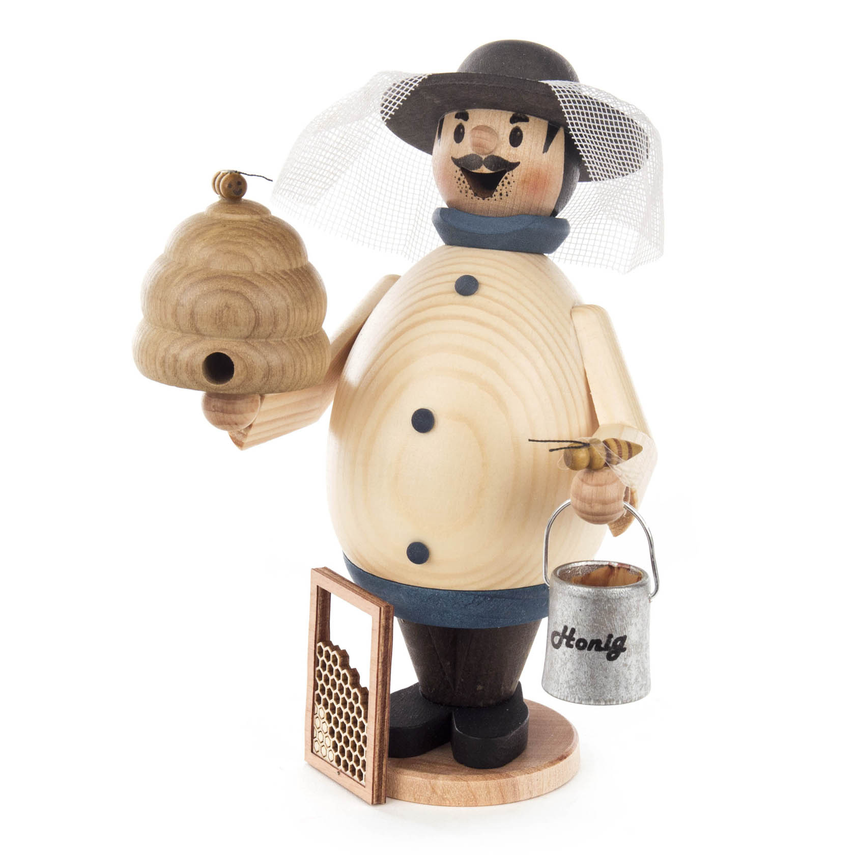 Holzfigur eines Imkers mit Bienenstock in der einen und Honigeimer in der anderen Hand, trägt Imkerhut mit Schleier. im Dregeno Online Shop günstig kaufen