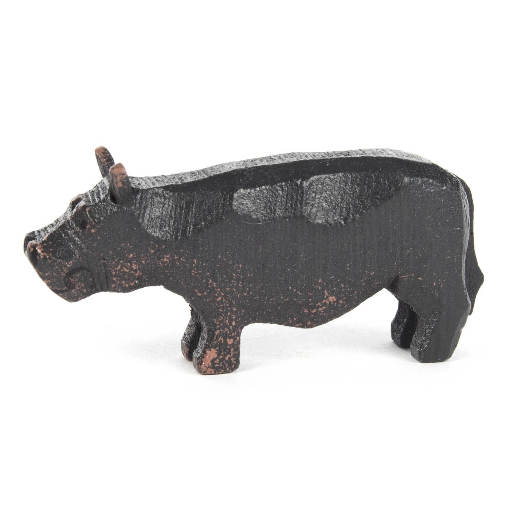 Kleine Holzfigur eines Flusspferds, schwarz und braun gefärbt, mit grob geschnitzter Oberfläche. im Dregeno Online Shop günstig kaufen