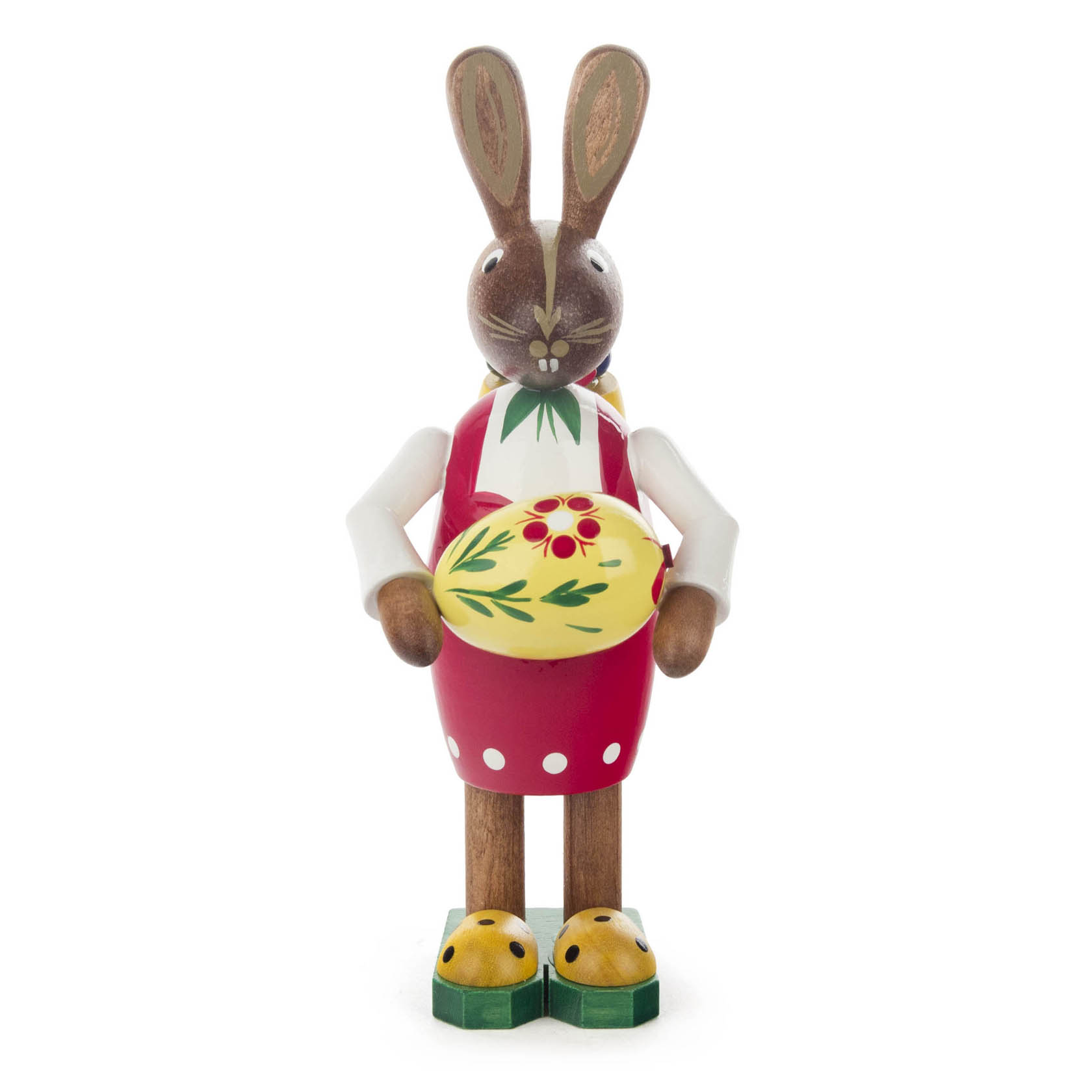 A 14 cm tall wooden Easter bunny figure, depicted as a female wearing a red apron and holding a decorated Easter egg in a basket.