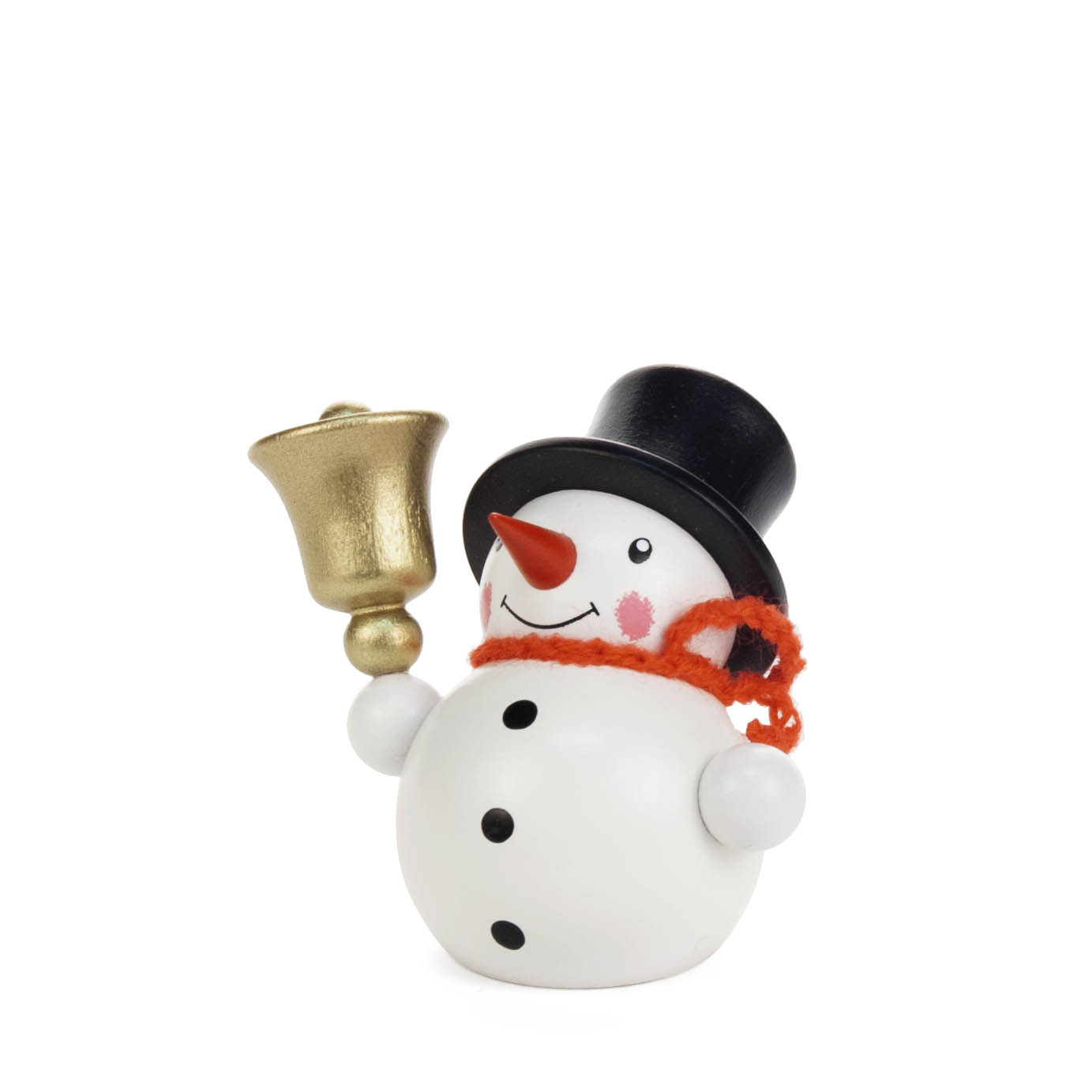 Ein lächelnder Schneemann mit schwarzem Zylinder, oranger Schal, roter Karottennase und rosa Wangen hält eine goldene Glocke in der rechten Hand. im Dregeno Online Shop günstig kaufen
