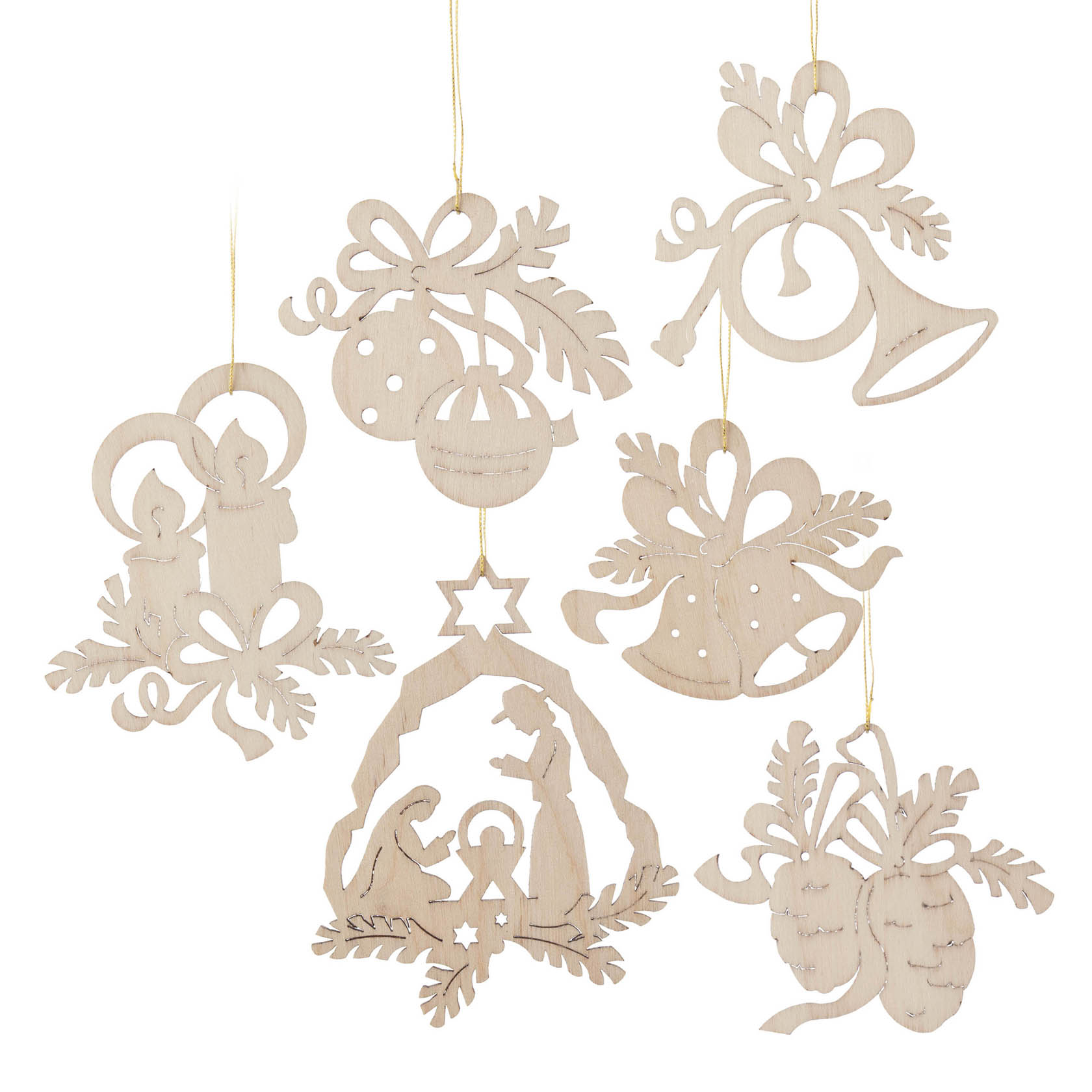 Set of six wooden Christmas ornaments featuring various festive motifs including candles, a nativity scene, bells, and pine cones. im Dregeno Online Shop günstig kaufen