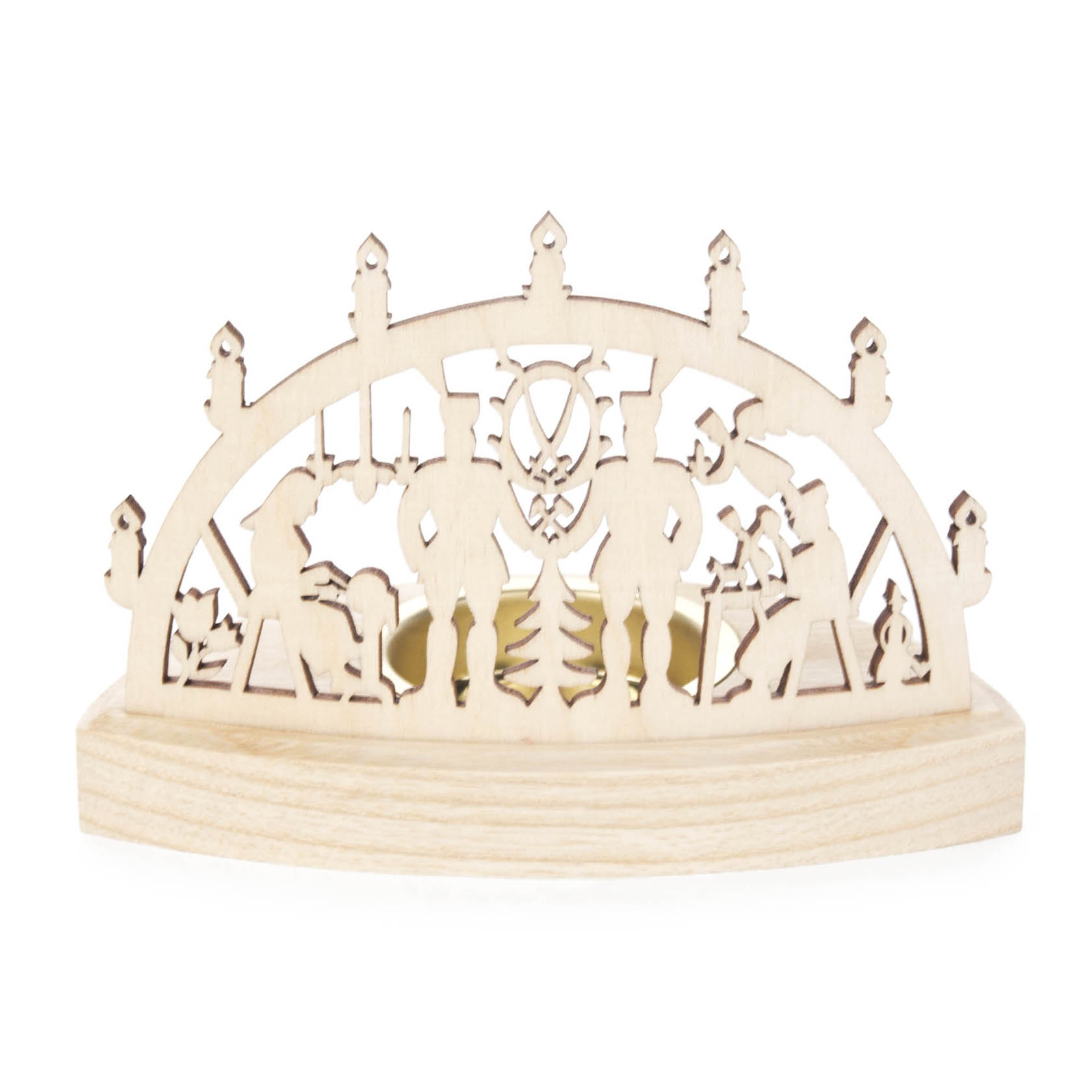 A wooden tea light holder from the Ore Mountains, featuring intricate cut-out designs of miners and traditional Erzgebirge motifs.