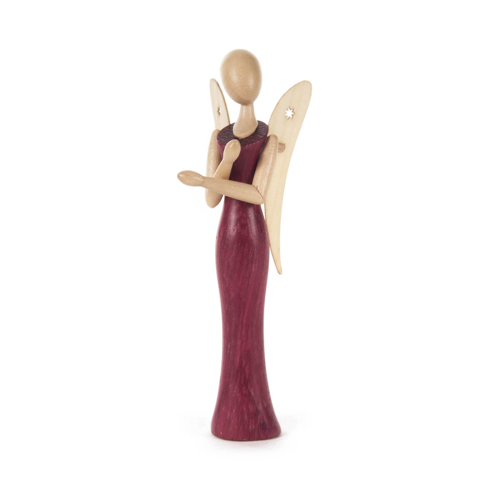 Kleiner Engel mit sternförmigem Kopf aus Holz, 8 cm groß, mit roten Körper und filigranen, naturfarbenen Flügeln