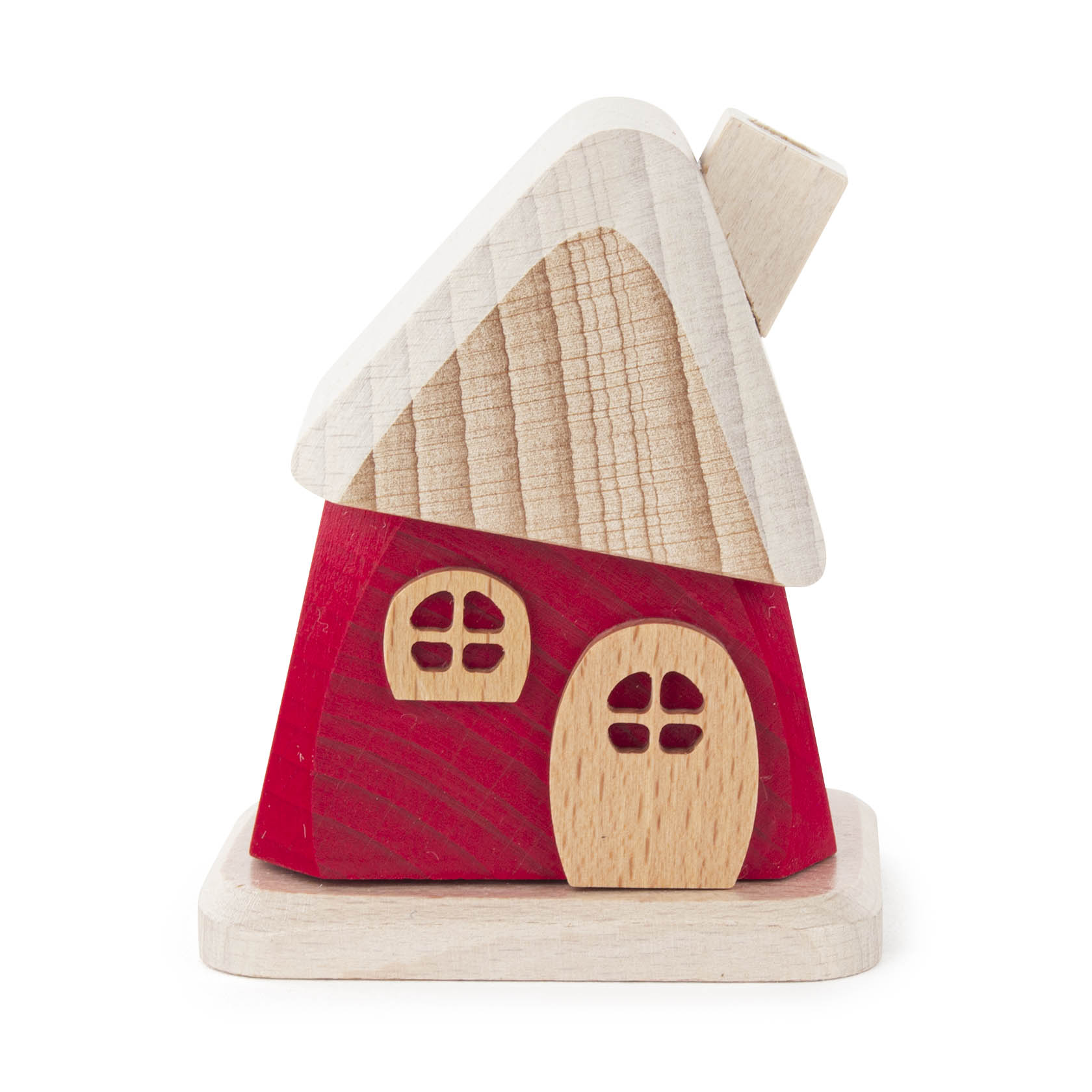 Rotes, kleines Räucherhaus aus Holz mit hellem Dach und Schornstein, auf einem quadratischen Sockel stehend. im Dregeno Online Shop günstig kaufen