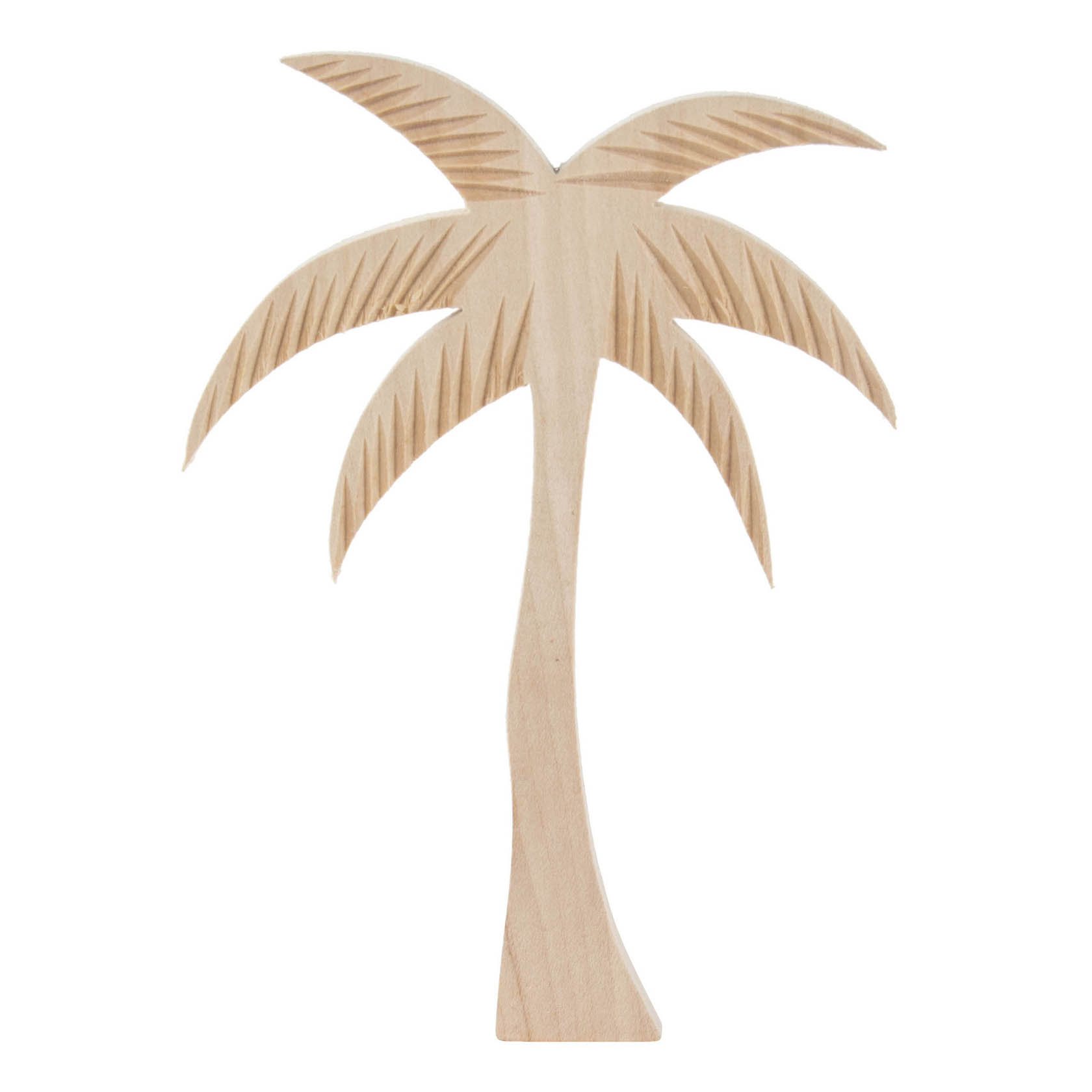 Holzgeschnitzte Palme mit einer Höhe von etwa 150 mm, einfache Form mit geschwungenem Stamm und stilisierten gezackten Blättern. im Dregeno Online Shop günstig kaufen