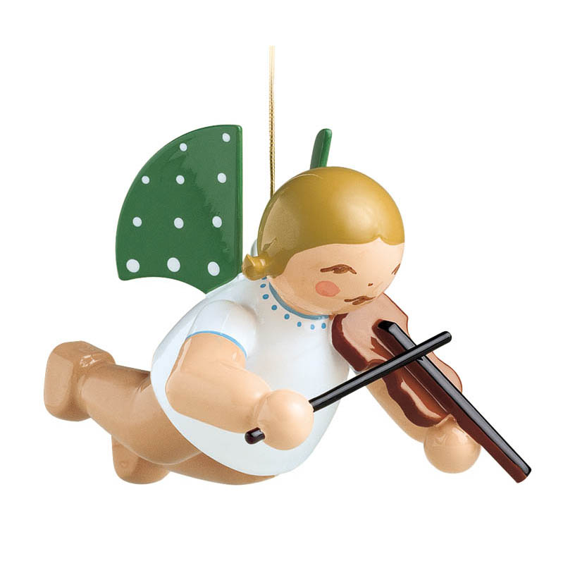 Ein Holzengel mit goldblondem Haar, weißem Hemd und grünen Flügeln mit weißen Punkten. Der Engel schwebt und spielt auf einer braunen Geige. im Dregeno Online Shop günstig kaufen