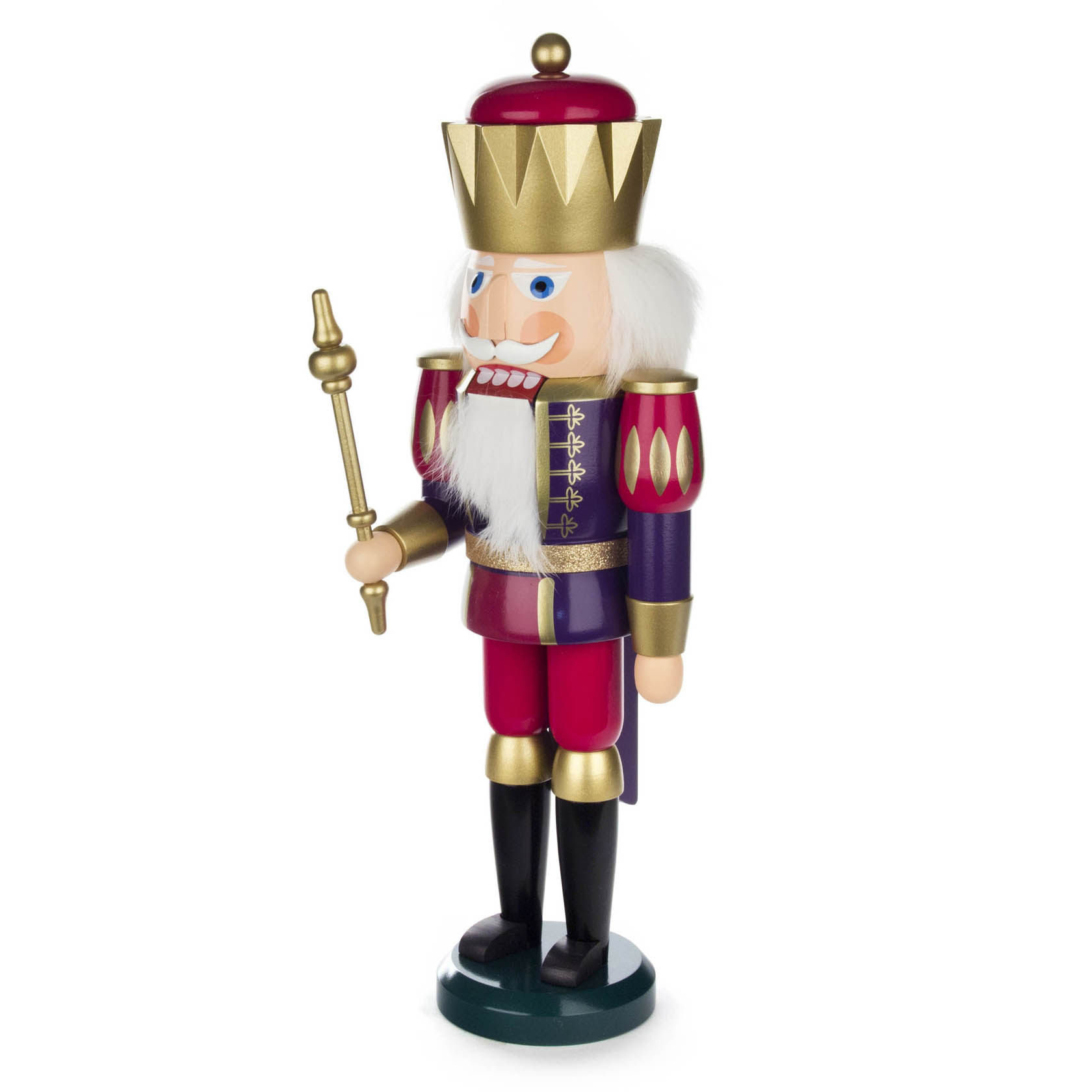 A 40cm tall nutcracker king in vibrant indigo and raspberry colors, holding a gold scepter. It features a golden crown and white beard.