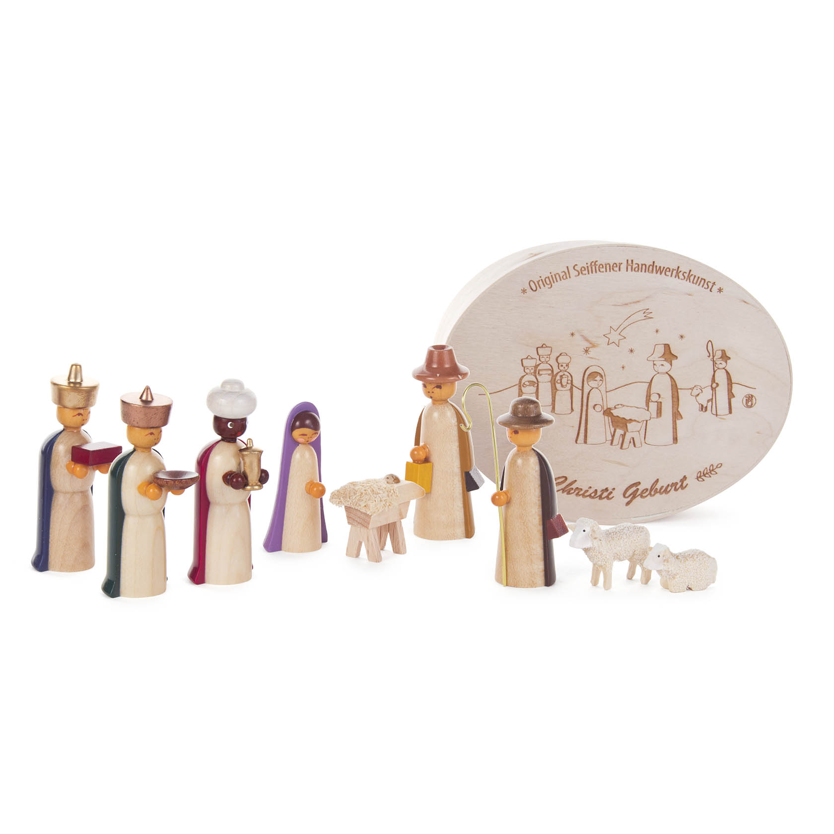 Neun farbig gestaltete Krippefiguren aus Holz, darunter die Heilige Familie, Hirten und die Heiligen Drei Könige, arrangiert vor einer ovalen Spandose. im Dregeno Online Shop günstig kaufen