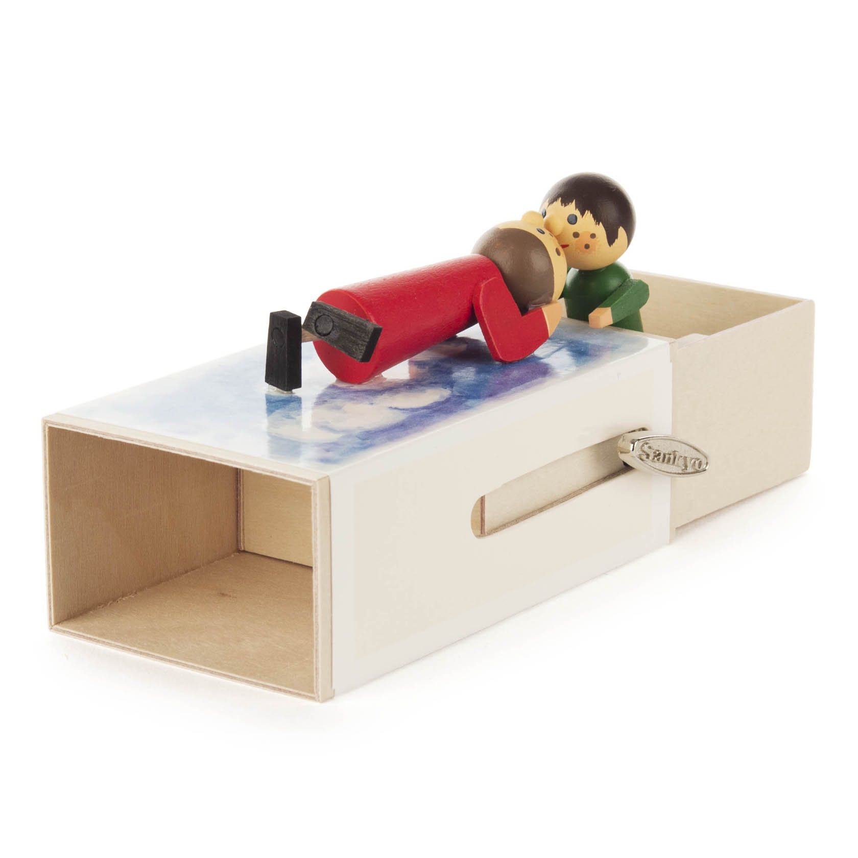 Eine Schiebebox mit der Aufschrift 'Romantik-Box', auf der zwei Holzfiguren liegen, die sich küssen. Melodie der Box: Laras Theme.