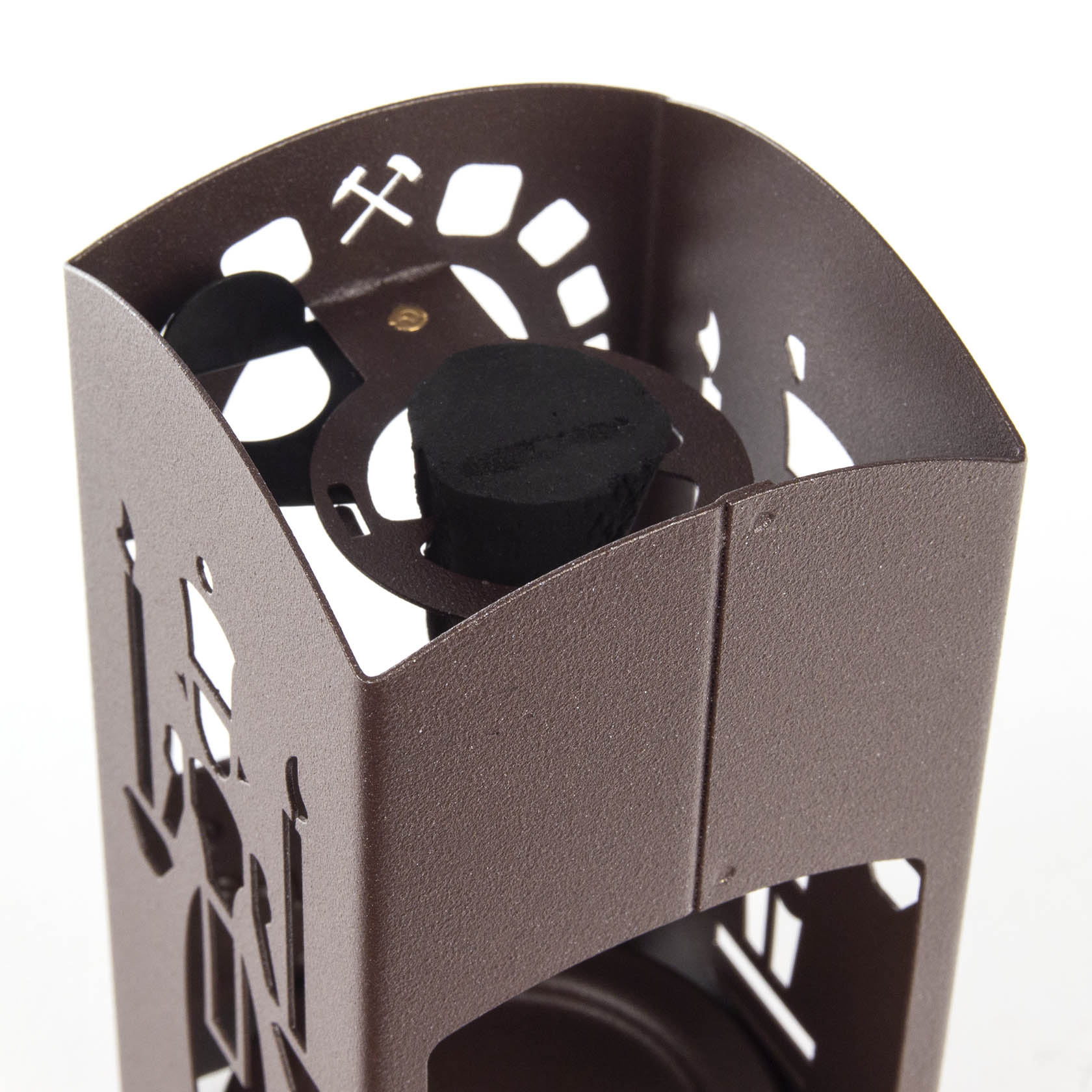Gray-brown incense lantern with miner and angel motif for incense cones of all sizes, featuring an ash tray and space for tealights.