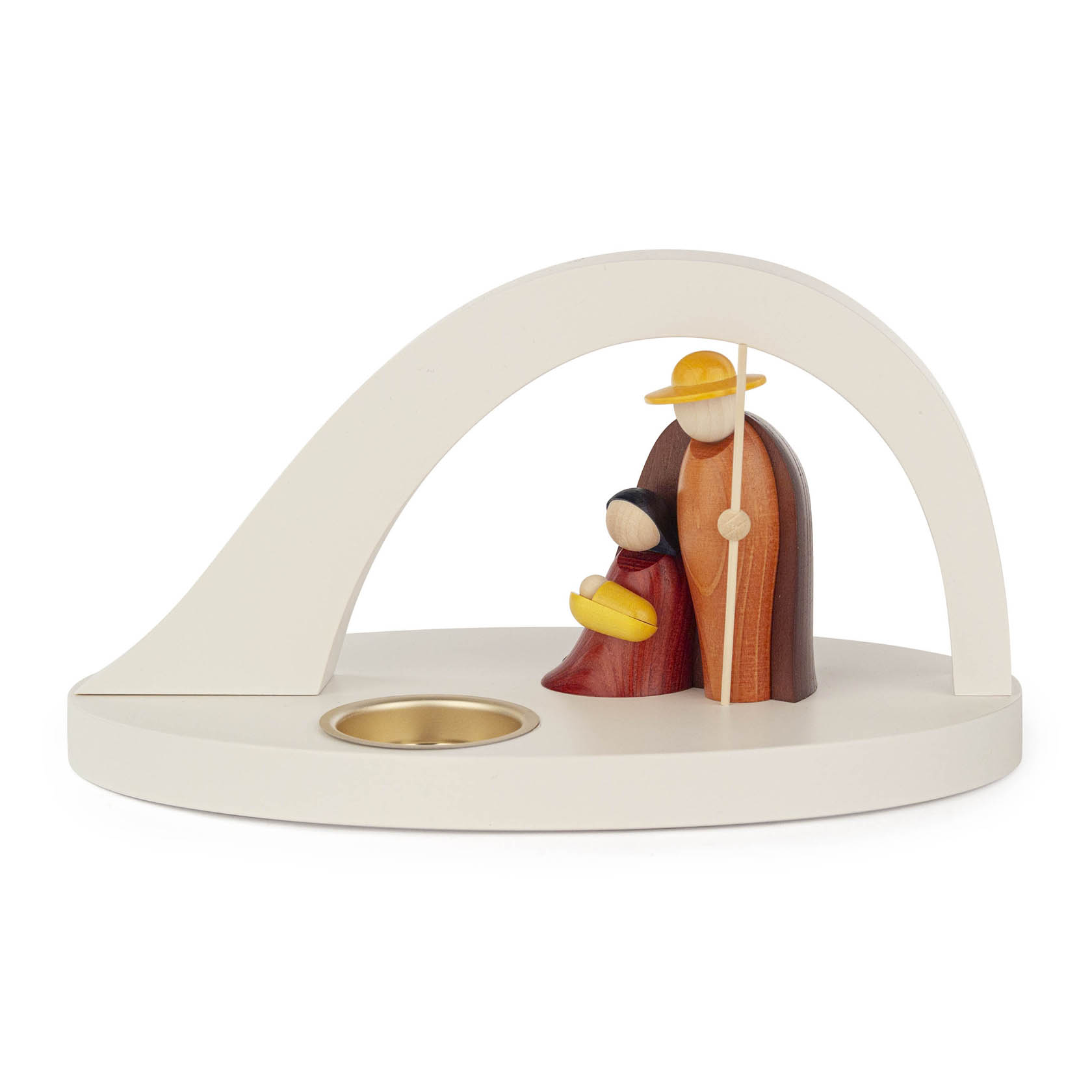Teelichthalter mit weißem Bogen, kleiner Holzfigurengruppe von Josef und Maria mit Kind in der Mitte, farbig lasiert und eine Metalleinfassung für ein Teelicht. im Dregeno Online Shop günstig kaufen