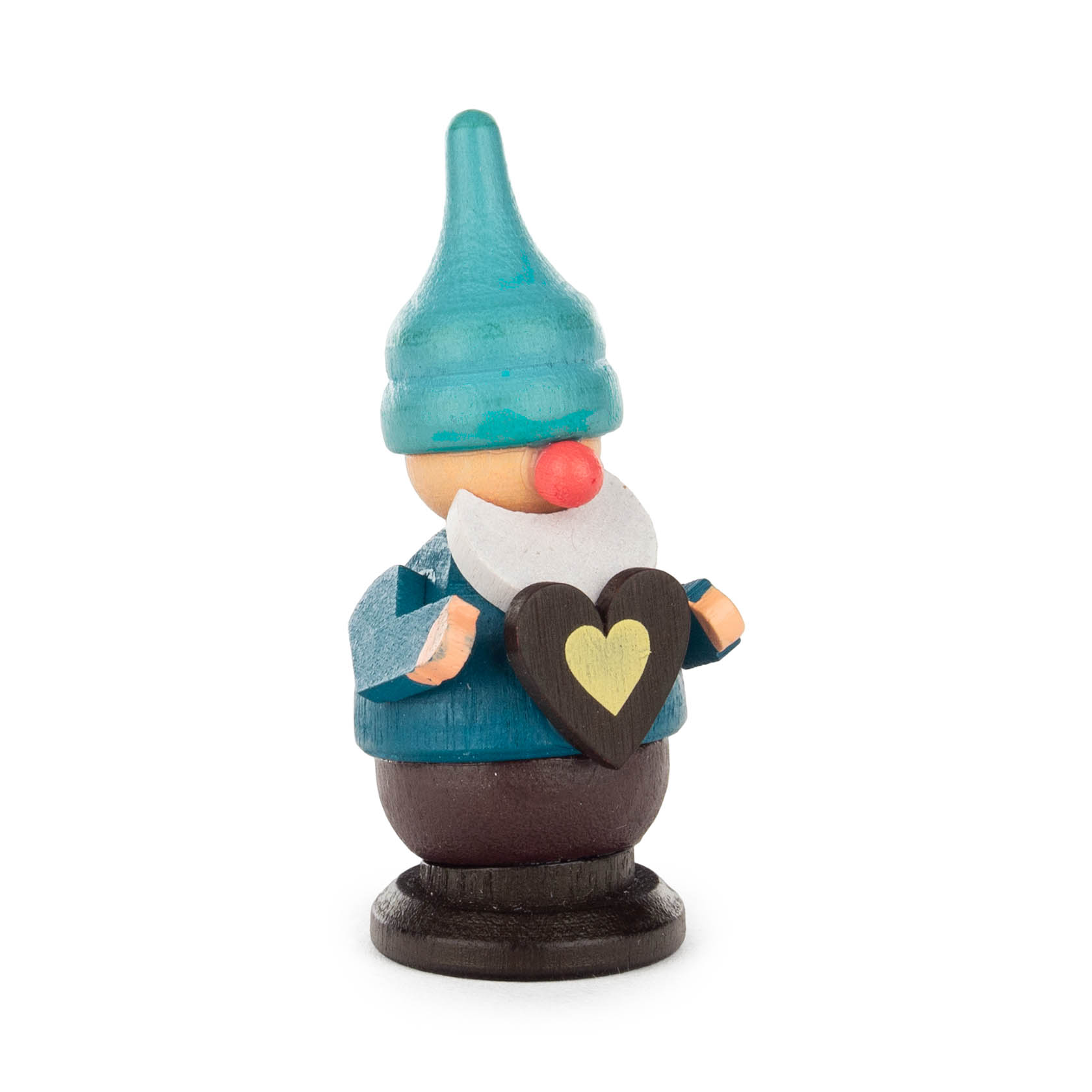 Holzfigur eines Zwerges mit blauem Hut und Mantel, der ein Herz in den Händen hält. im Dregeno Online Shop günstig kaufen