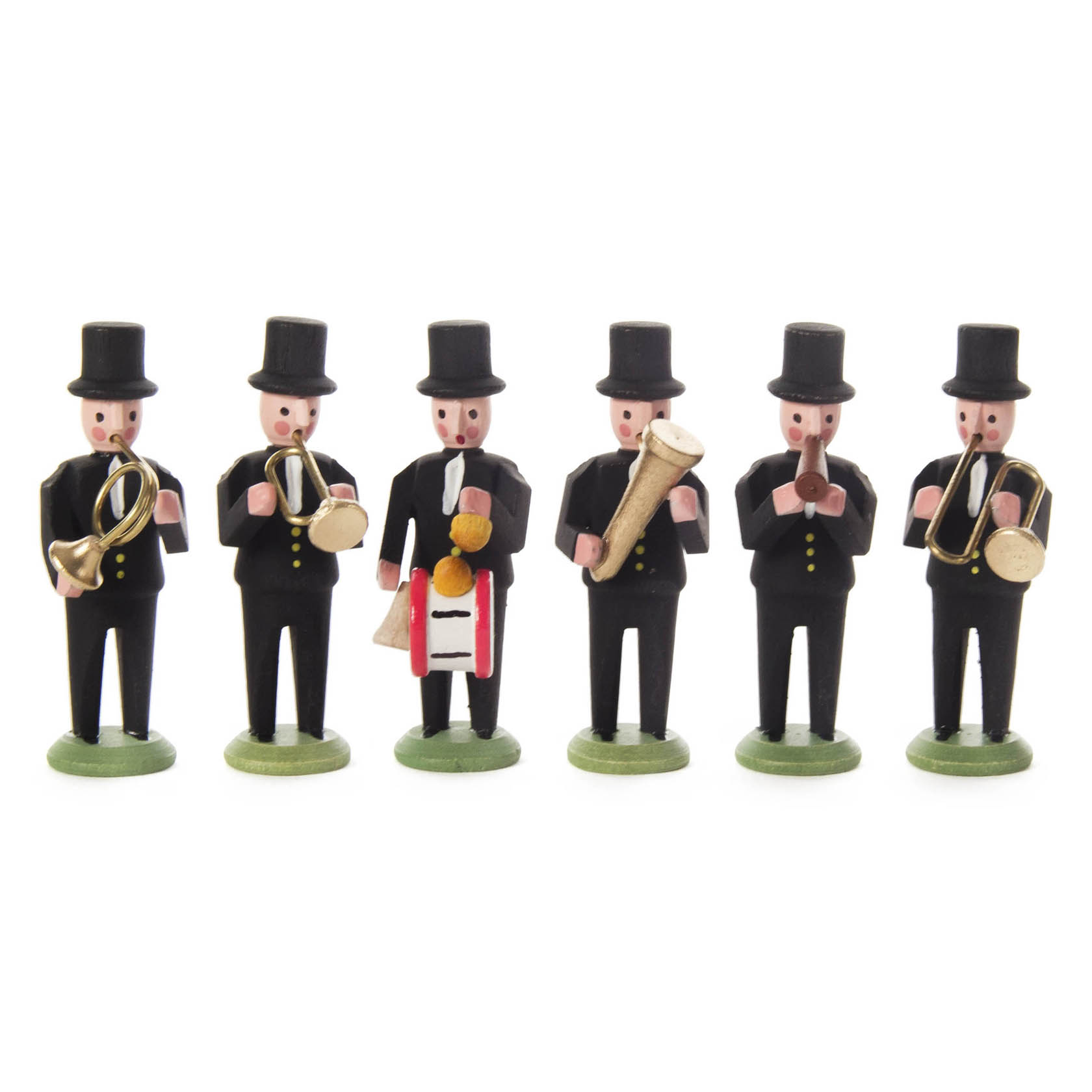 Sechs Miniaturfiguren in schwarzem Anzug und Zylinder, spielen verschiedene Musikinstrumente: Tuba, Trompete, Notenblatt, Trommel und Posaune. im Dregeno Online Shop günstig kaufen