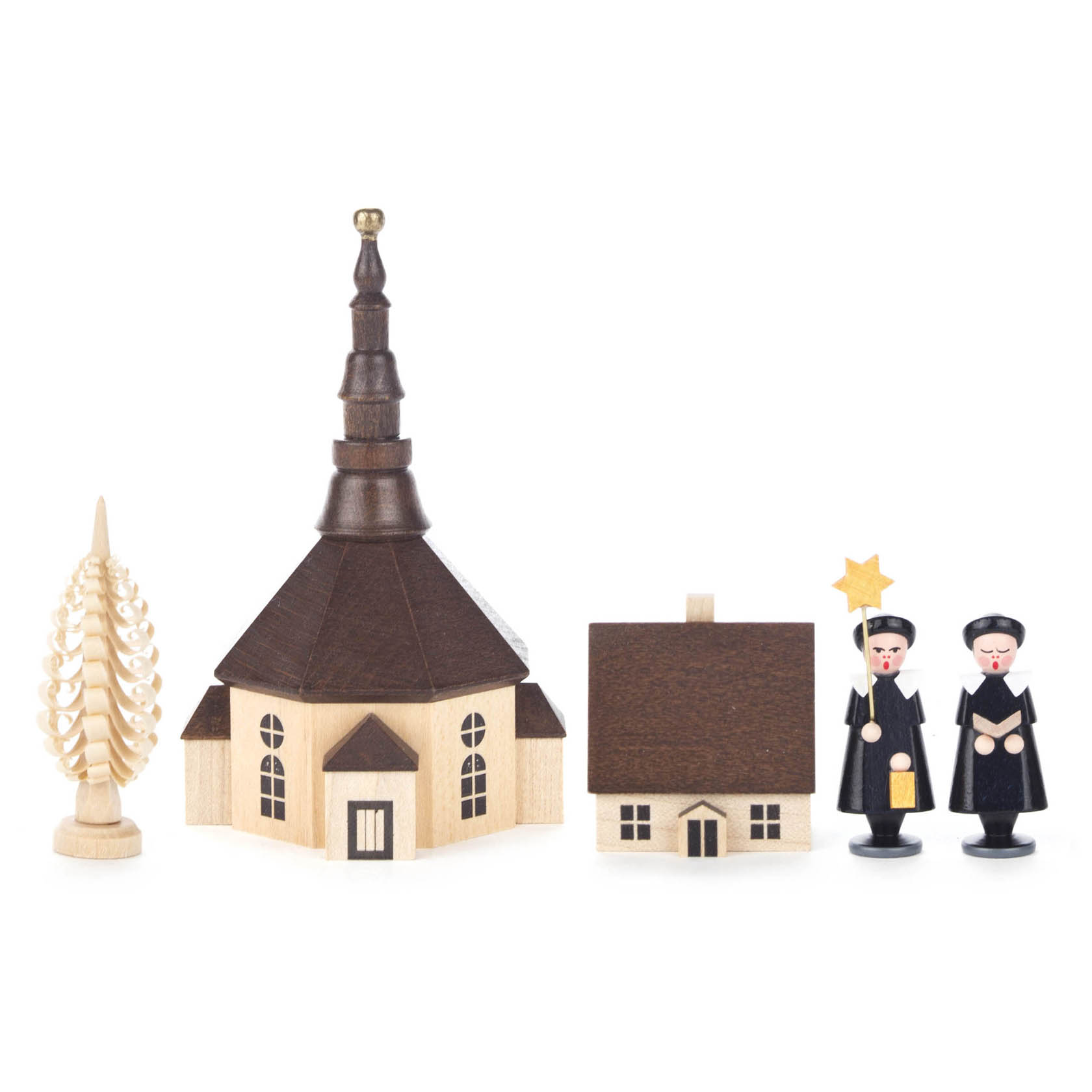 Holzfigurenset mit Seiffener Kirche, kleinem Haus, zwei Kurrendesängern und einem Weihnachtsbaum.