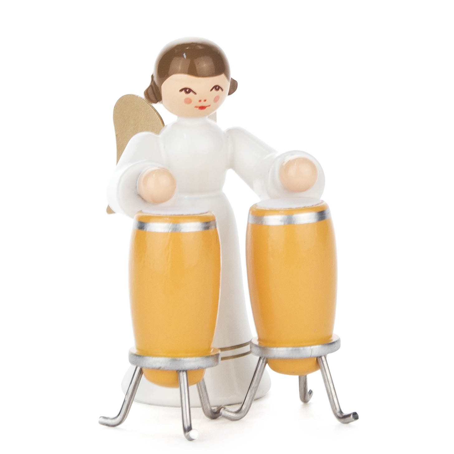 Holzengel mit langen weißen Gewand spielt auf zwei gelben Conga-Trommeln. Der Engel hat braune Haare und ist mit Flügeln ausgestattet. im Dregeno Online Shop günstig kaufen