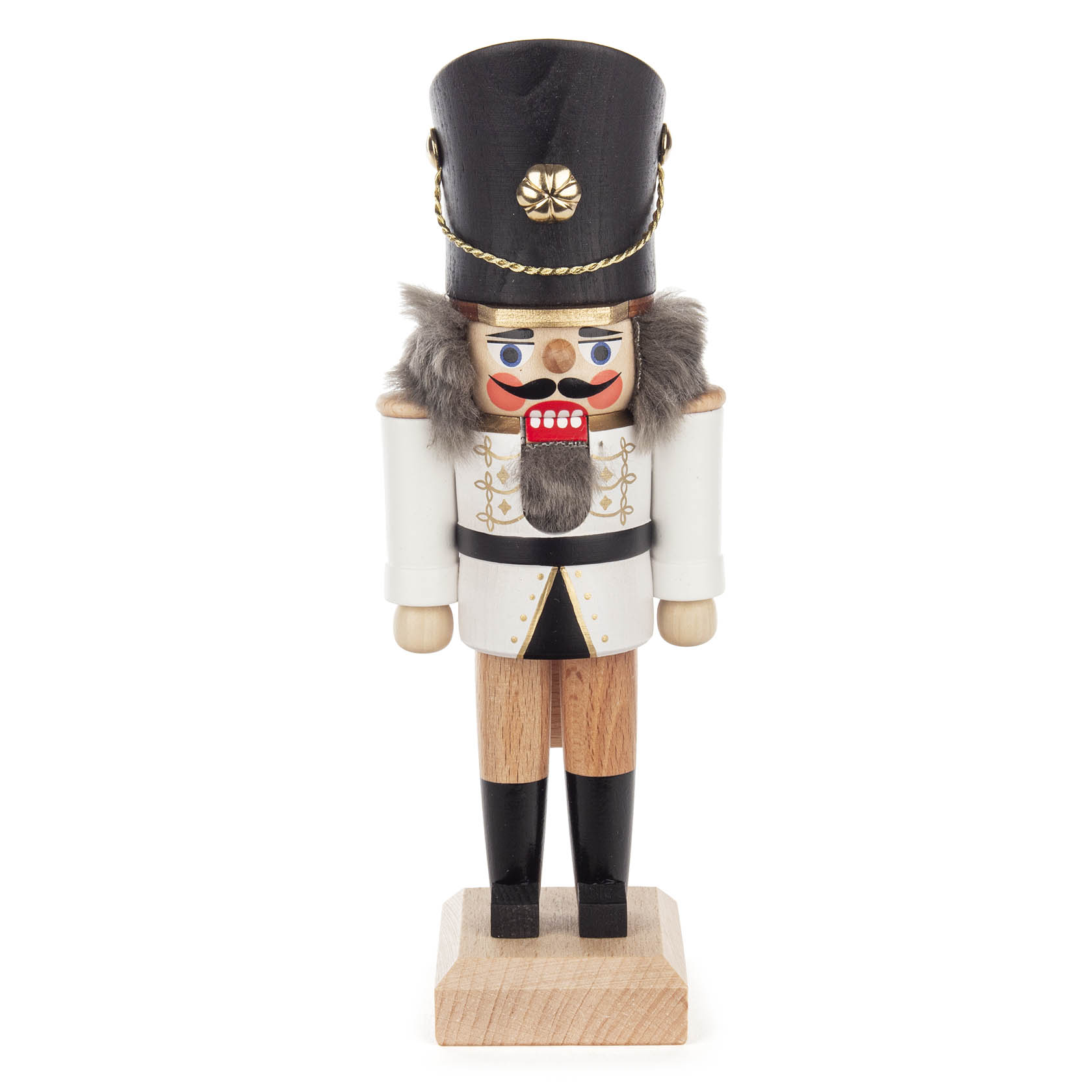 Nussknacker in Form eines Soldaten, 20 cm hoch, aus Holz mit weiß lasierter Uniform, schwarzen Stiefeln und Hut. Der Soldat hat einen Bart und bunte Bemalung. im Dregeno Online Shop günstig kaufen