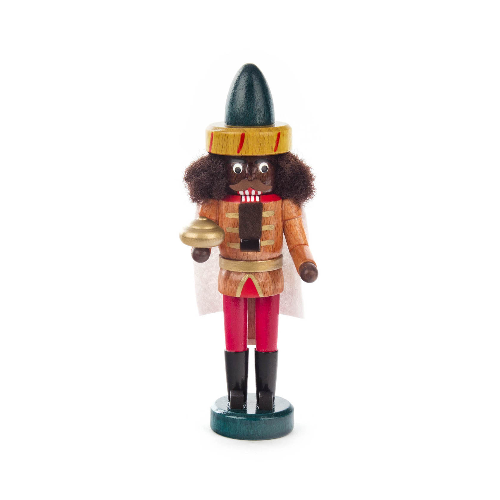 Holz-Nussknacker-Figur eines dunkelhäutigen Königs, 15 cm groß, mit rotem Uniformrock, schwarzem Bart, lockigem Haar und grünem Hut, hält eine goldene Schale. im Dregeno Online Shop günstig kaufen